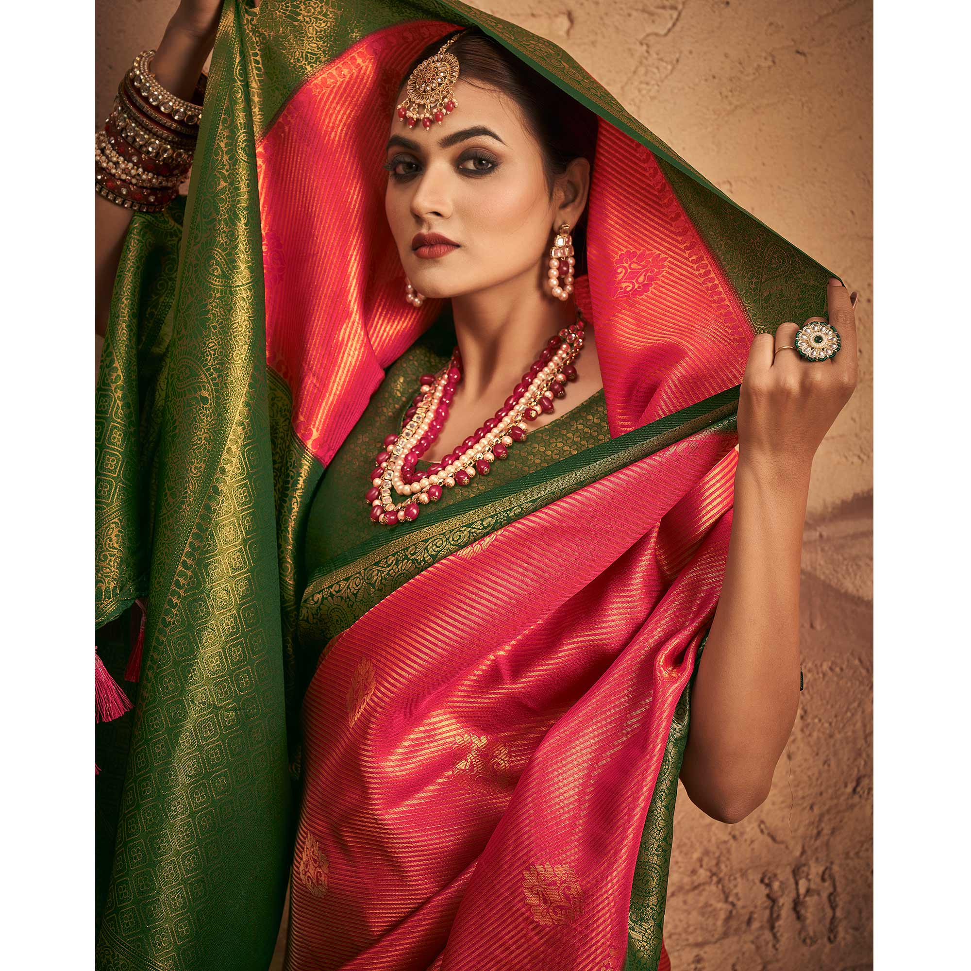 Pink Woven Art Silk Saree With Tassels