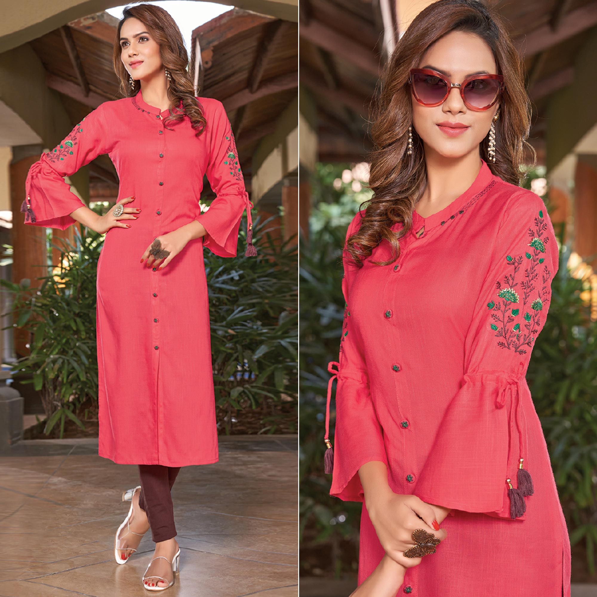 Pink Floral Embroidered Rayon Kurti