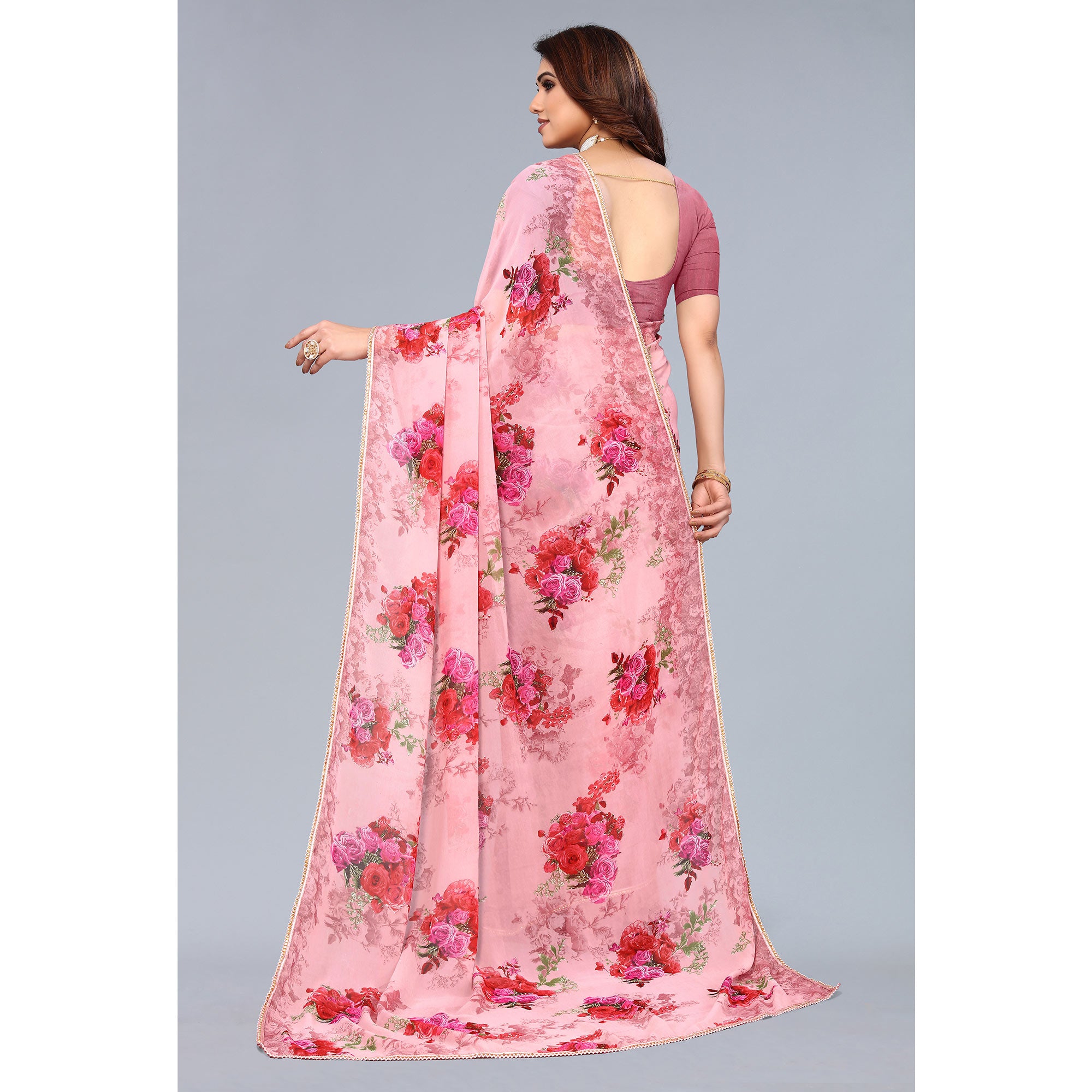 Pink Floral Printed Georgette Saree