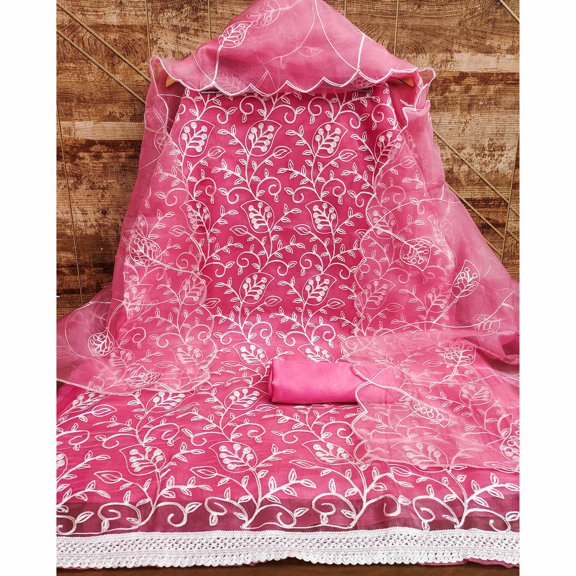 Gajri Pink Floral Embroidered Organza Dress Material