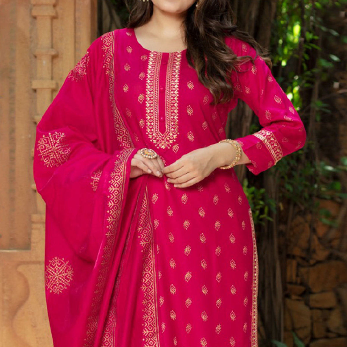 Rani Pink Printed Rayon Salwar Suit