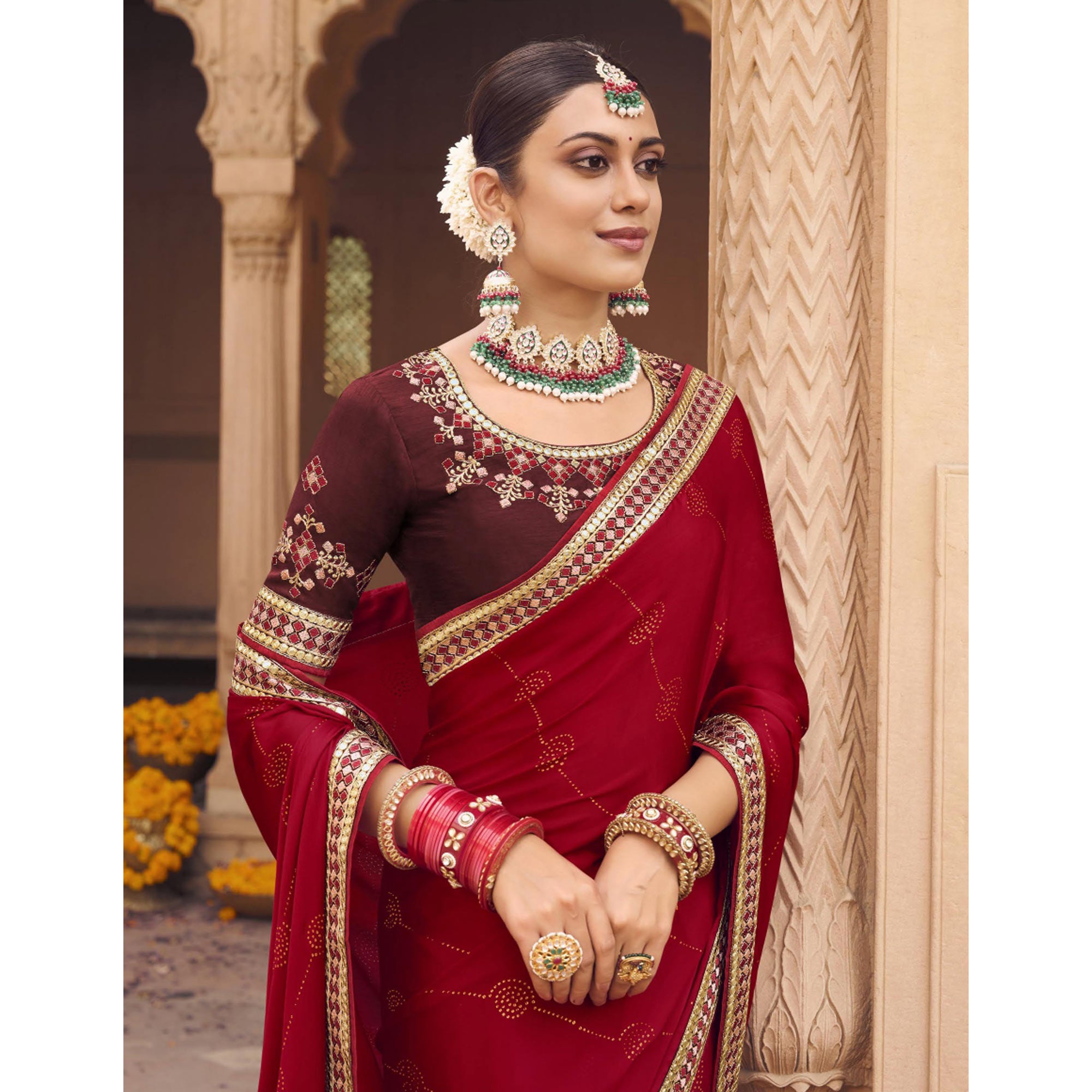 Red Embellished With Embroidered Border Satin Saree