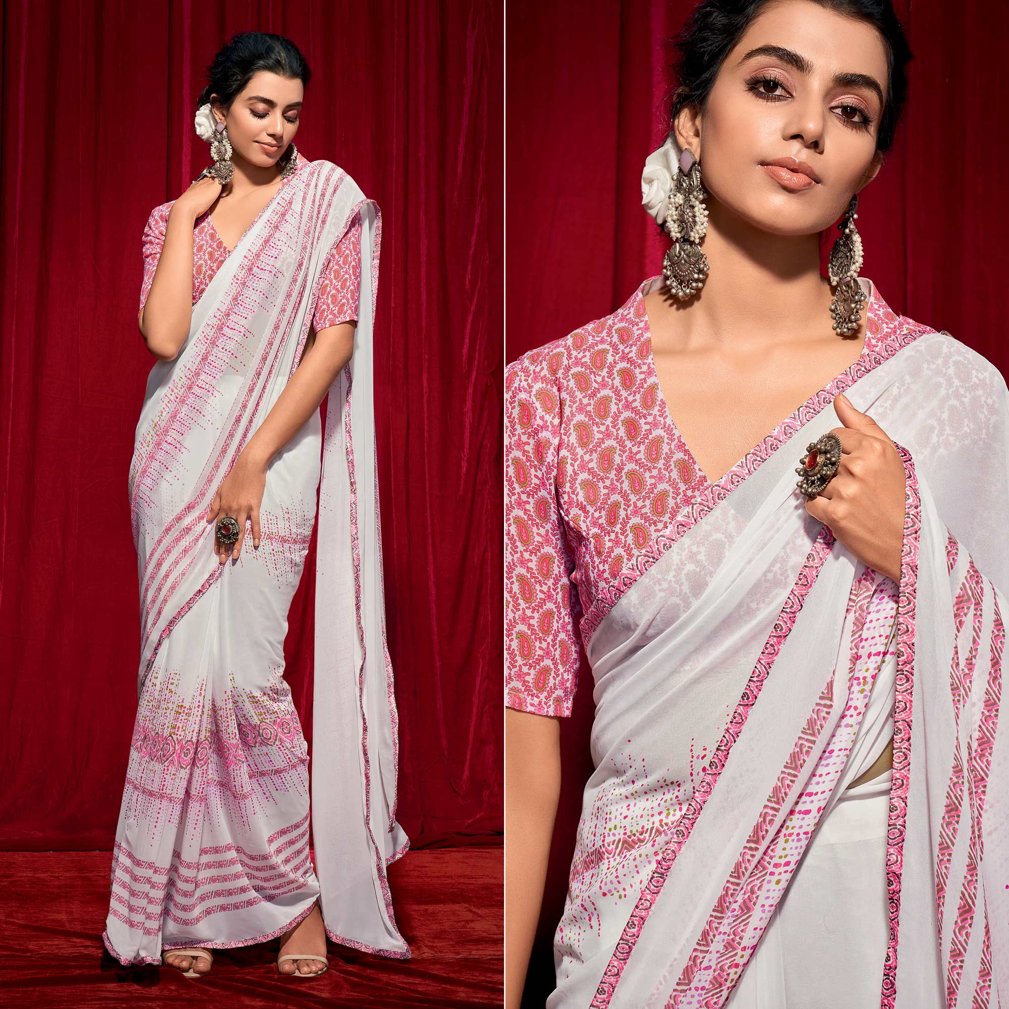 White Printed Georgette Saree
