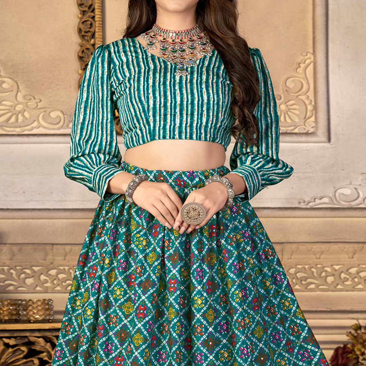 Rama Green Printed Crepe Top Skirt Set