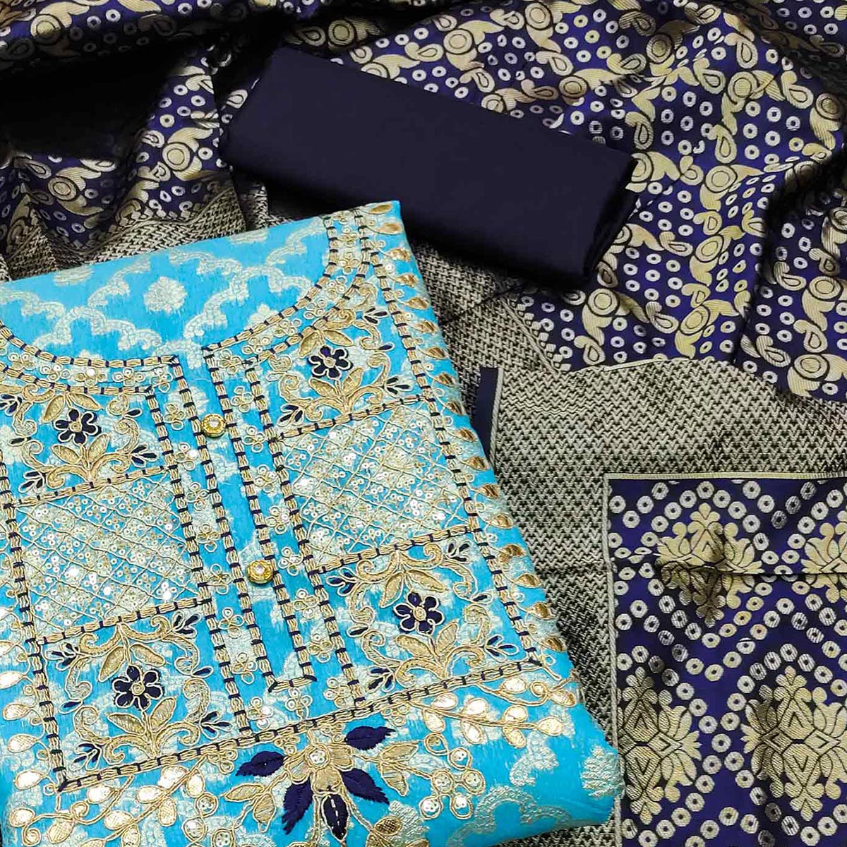 Sky Blue Woven With Embroidered Chanderi Dress Material