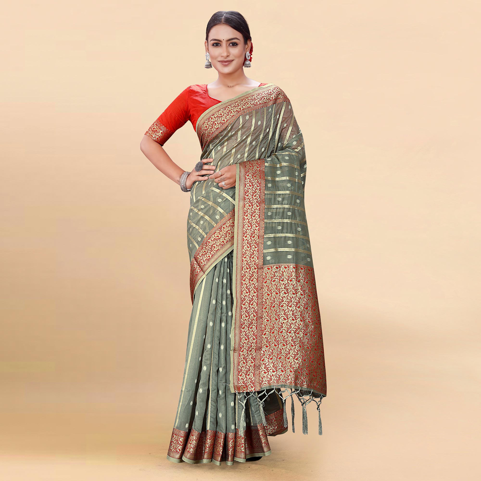 Grey Woven Organza Saree With Tassels