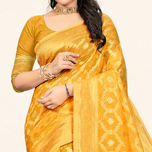 Yellow Woven Cotton Saree With Tassels