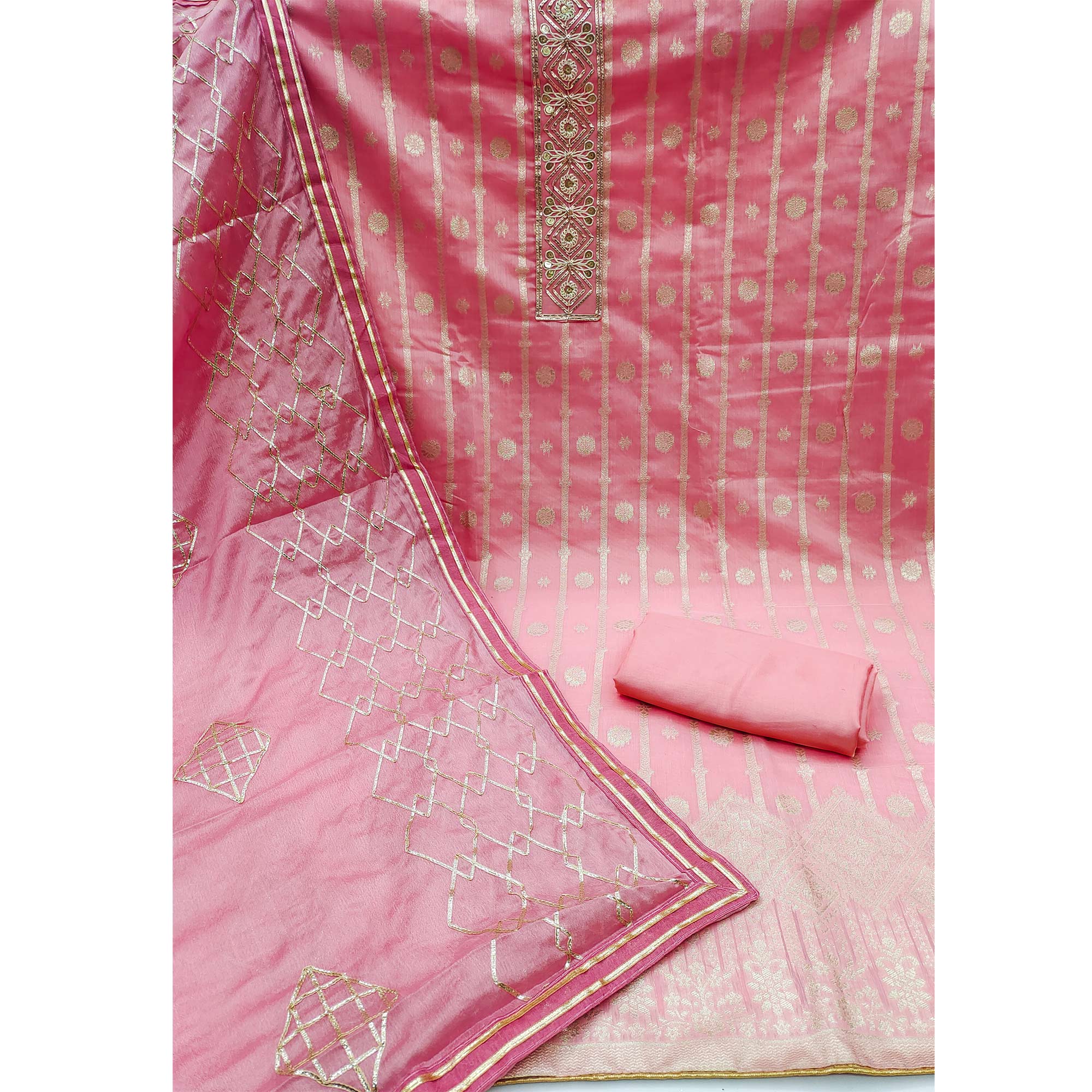 Pink Floral Woven Banarasi Silk Dress Material