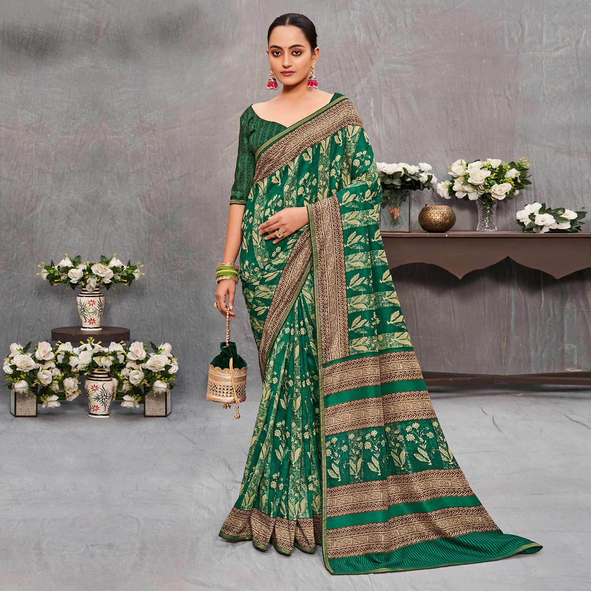 Green Floral Printed Tussar Silk Saree