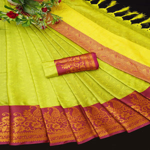Lemon Green Woven Cotton Silk Saree
