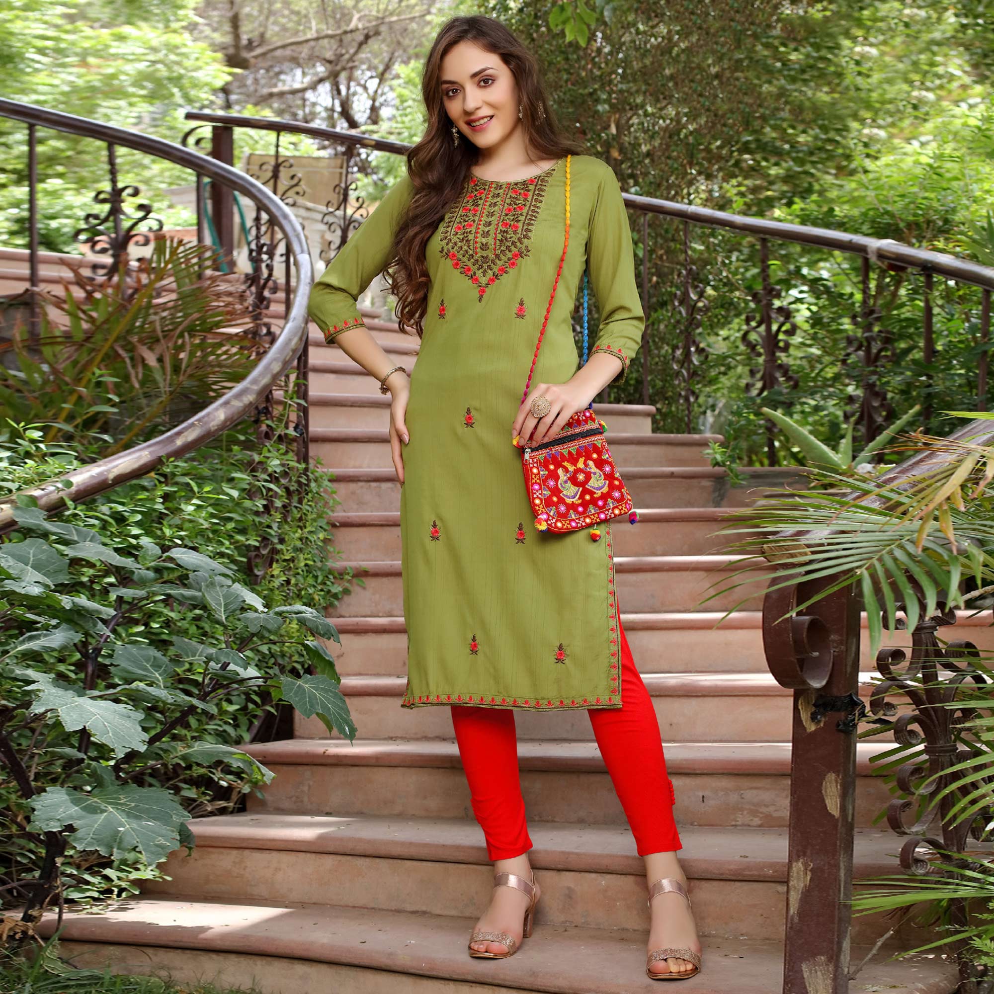 Green Floral Embroidered Muslin Kurti