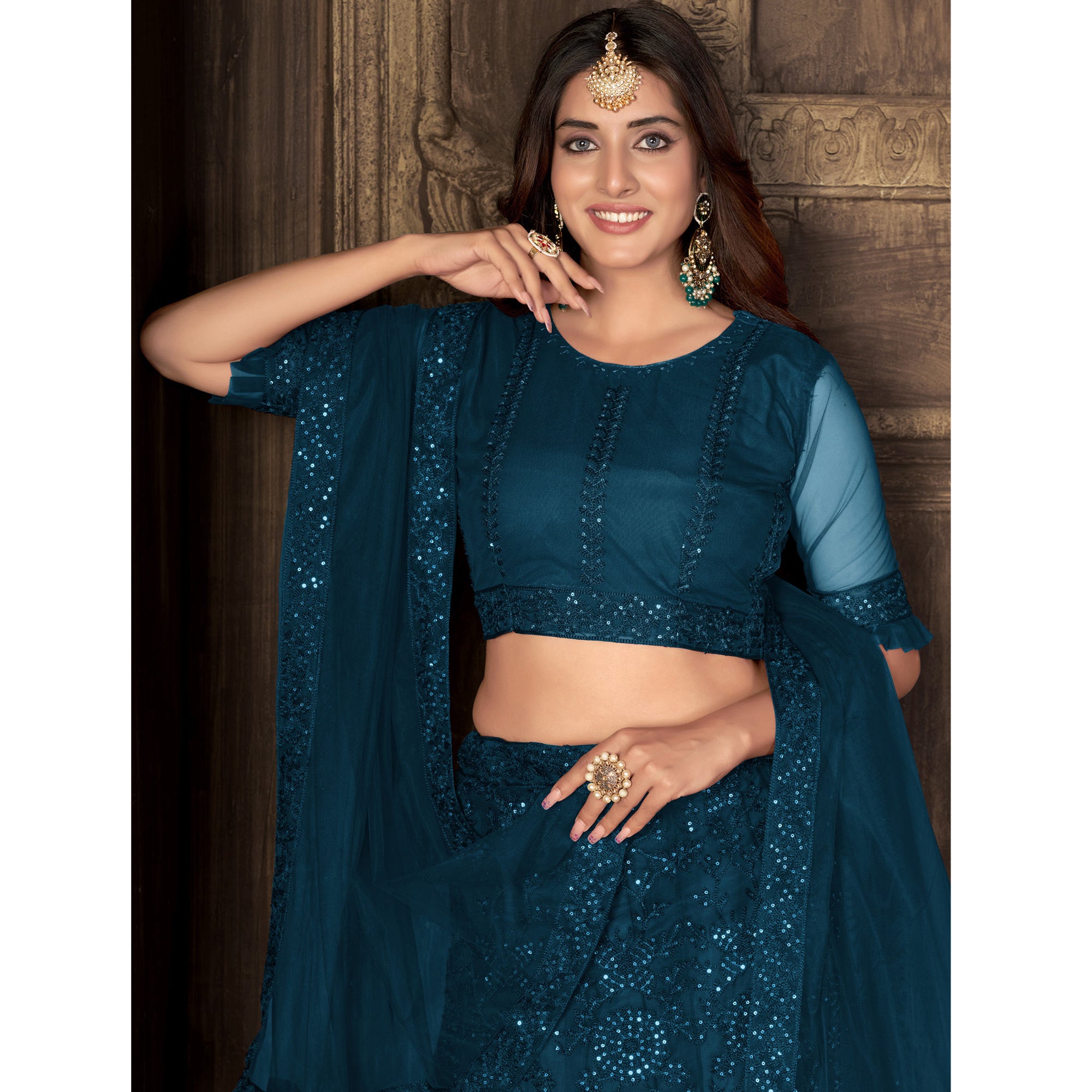 Teal Blue Sequins Embroidered Netted Lehenga Choli