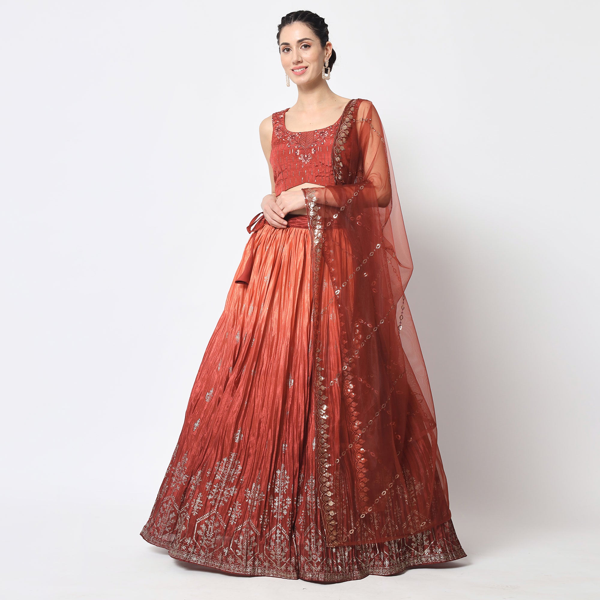 Peach Foil Printed Chiffon Lehenga Choli