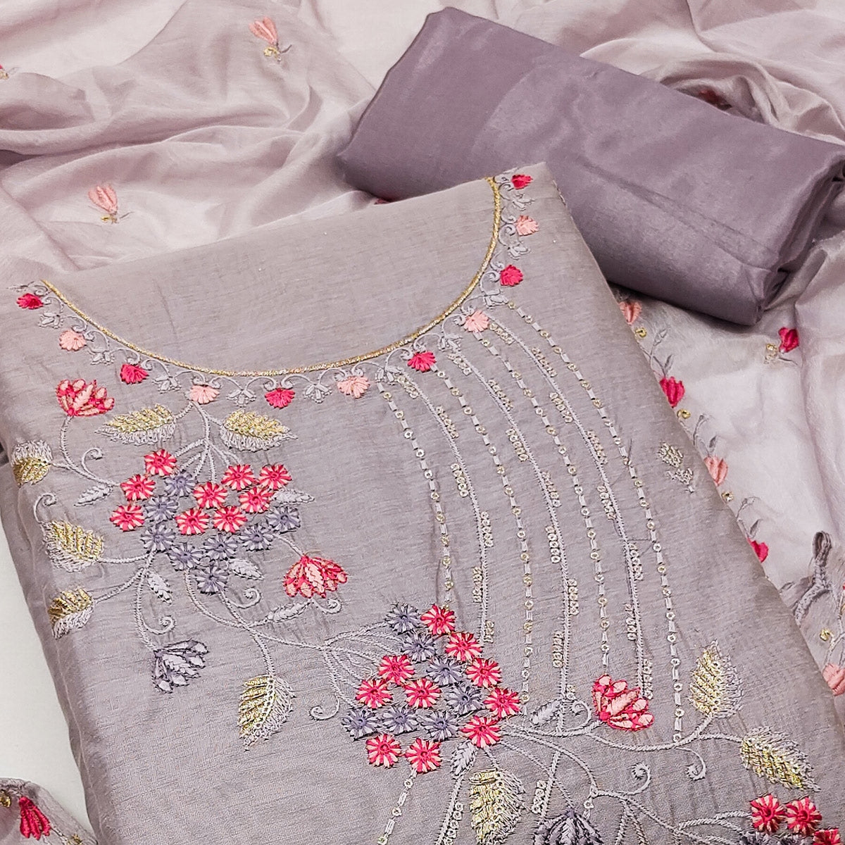 Light Purple Floral Embroidered Modal Dress Material