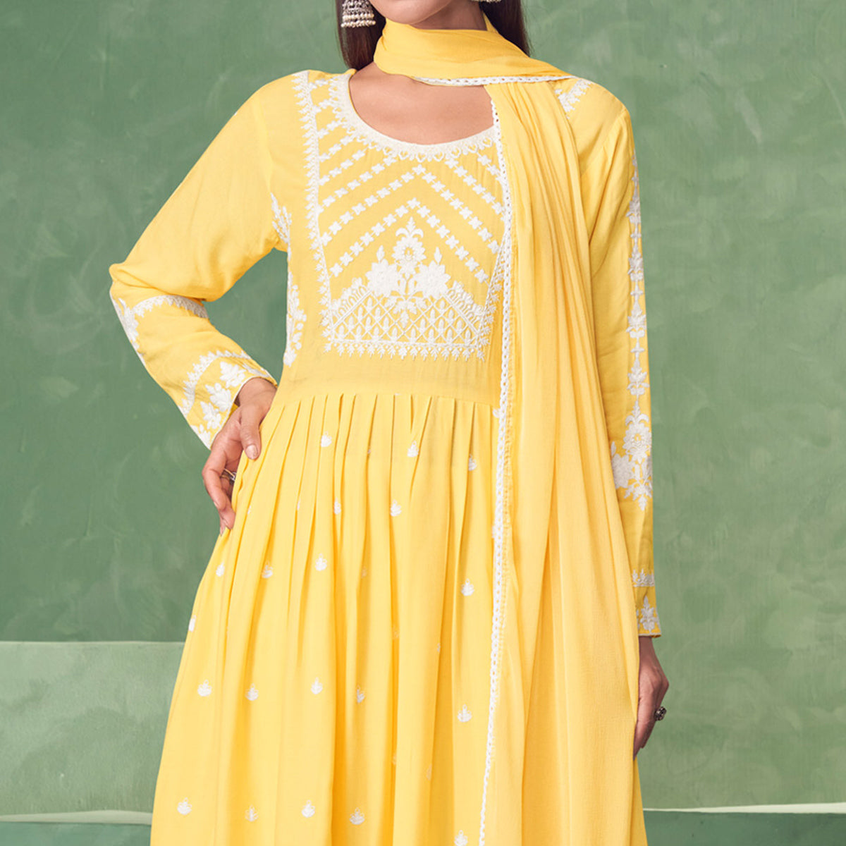 Yellow Lucknowi Work Rayon Naira Cut Palazzo Suit