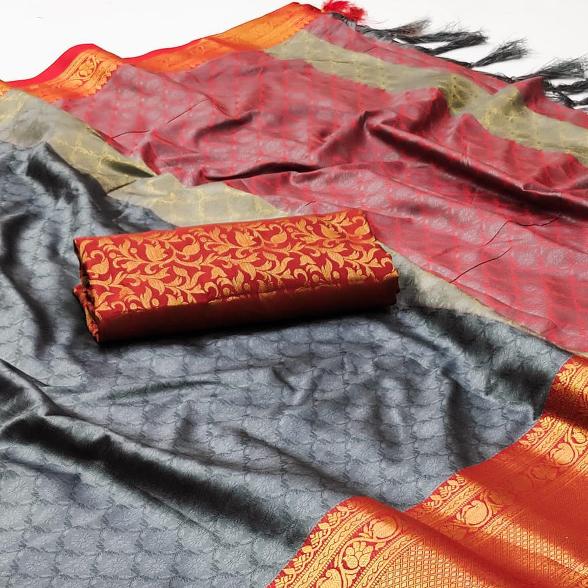 Grey Printed And Woven Cotton Silk Saree With Tassels