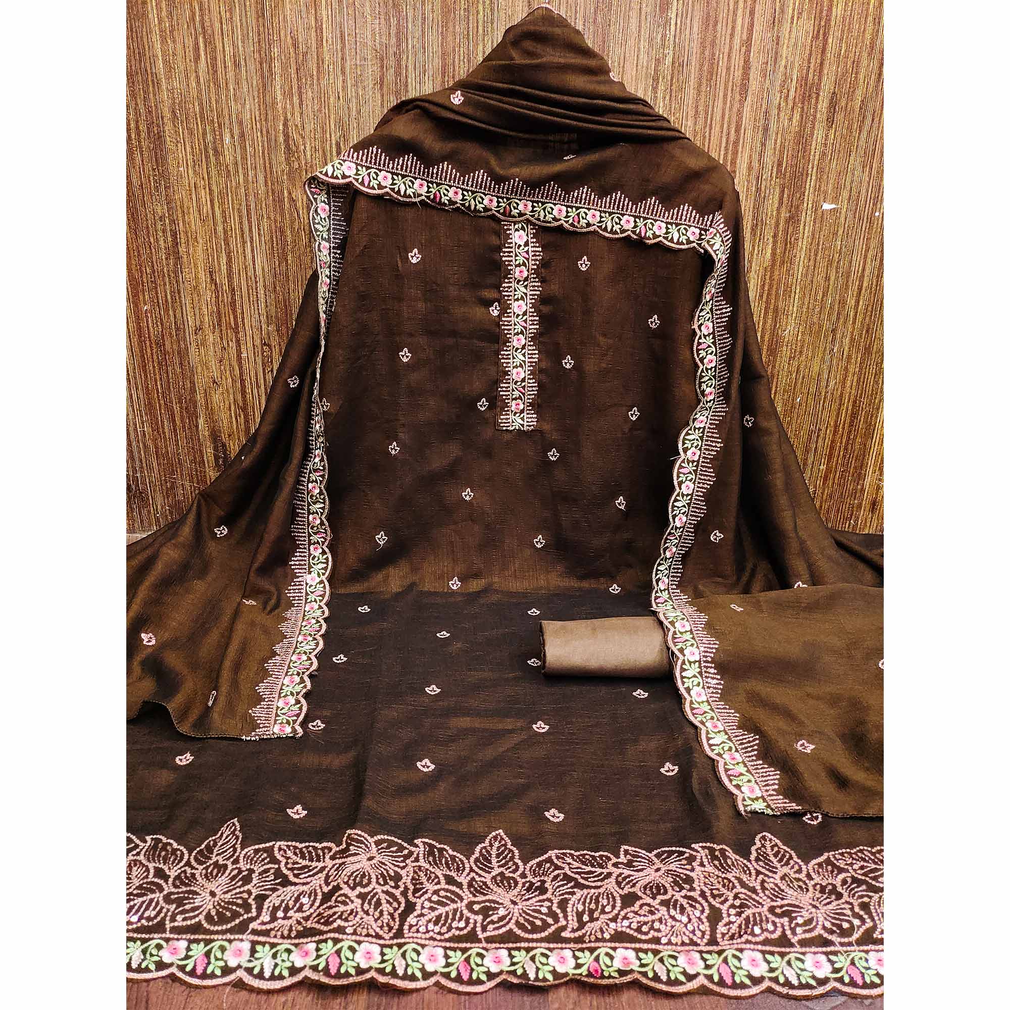 Brown Floral Embroidered Vichitra Silk Dress Material