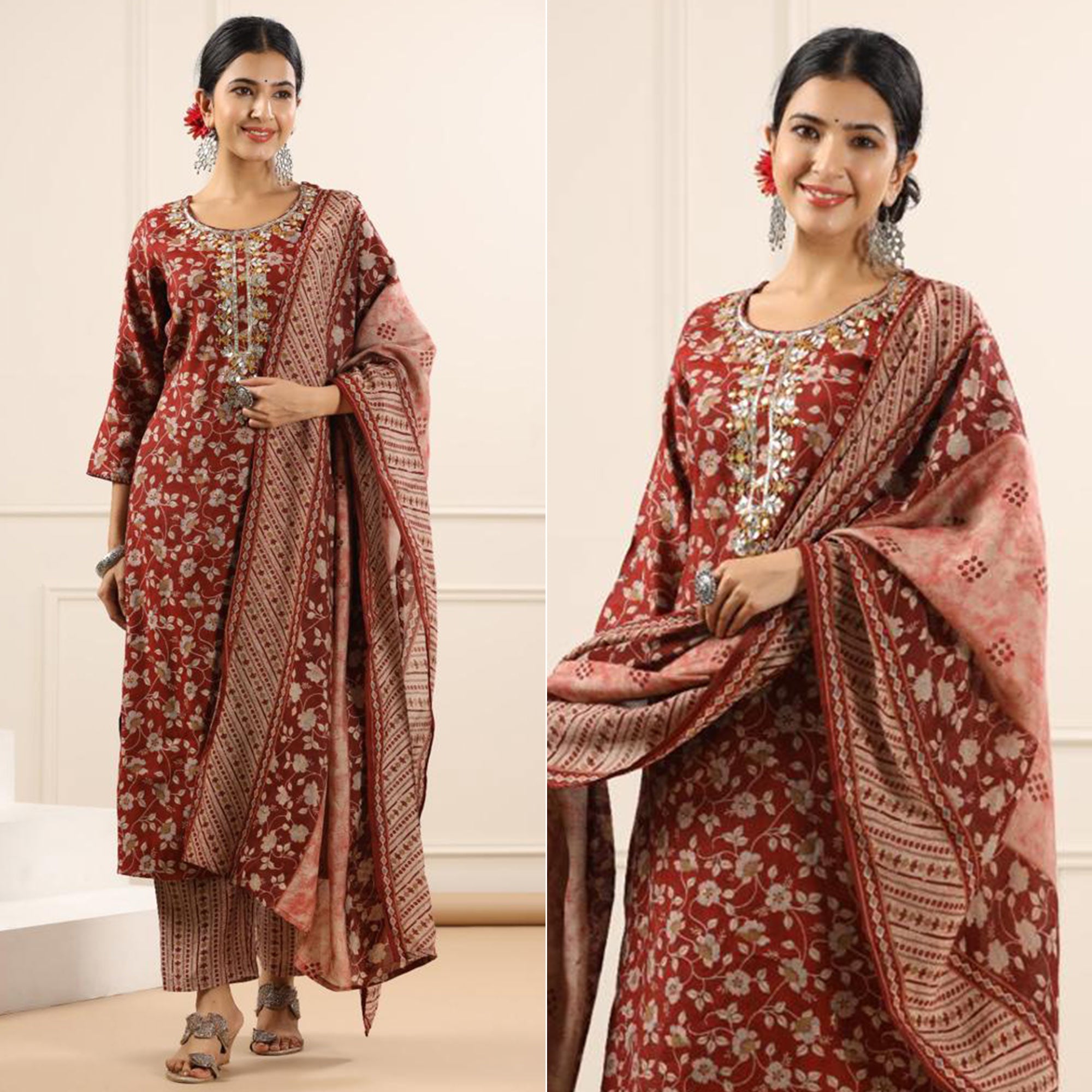 Maroon Jaipuri Printed Chanderi Salwar Suit