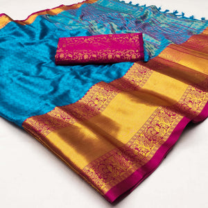 Blue Woven Cotton Silk Saree With Tassels