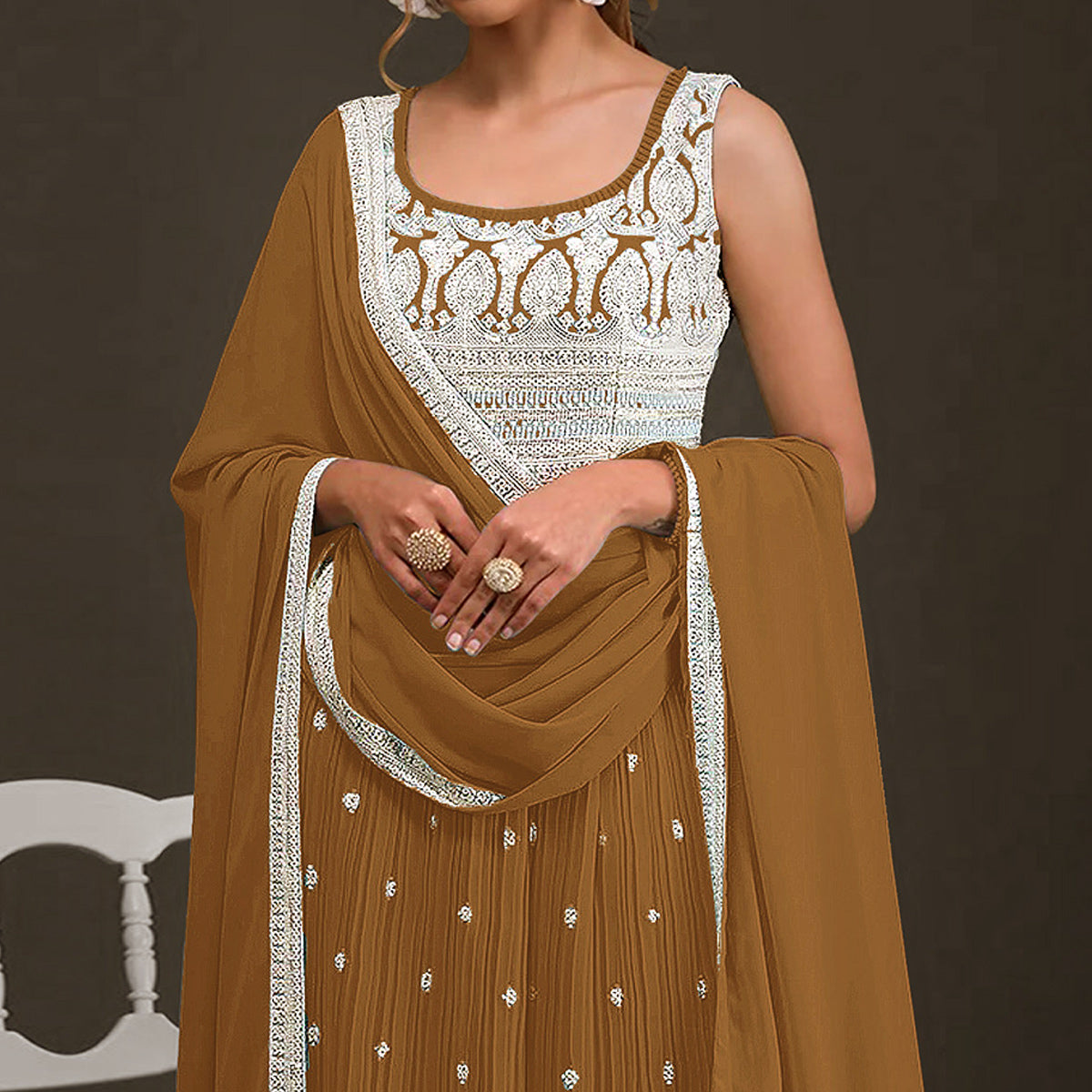Golden Brown Sequins Embroidered Georgette Naira Cut Palazzo Suit