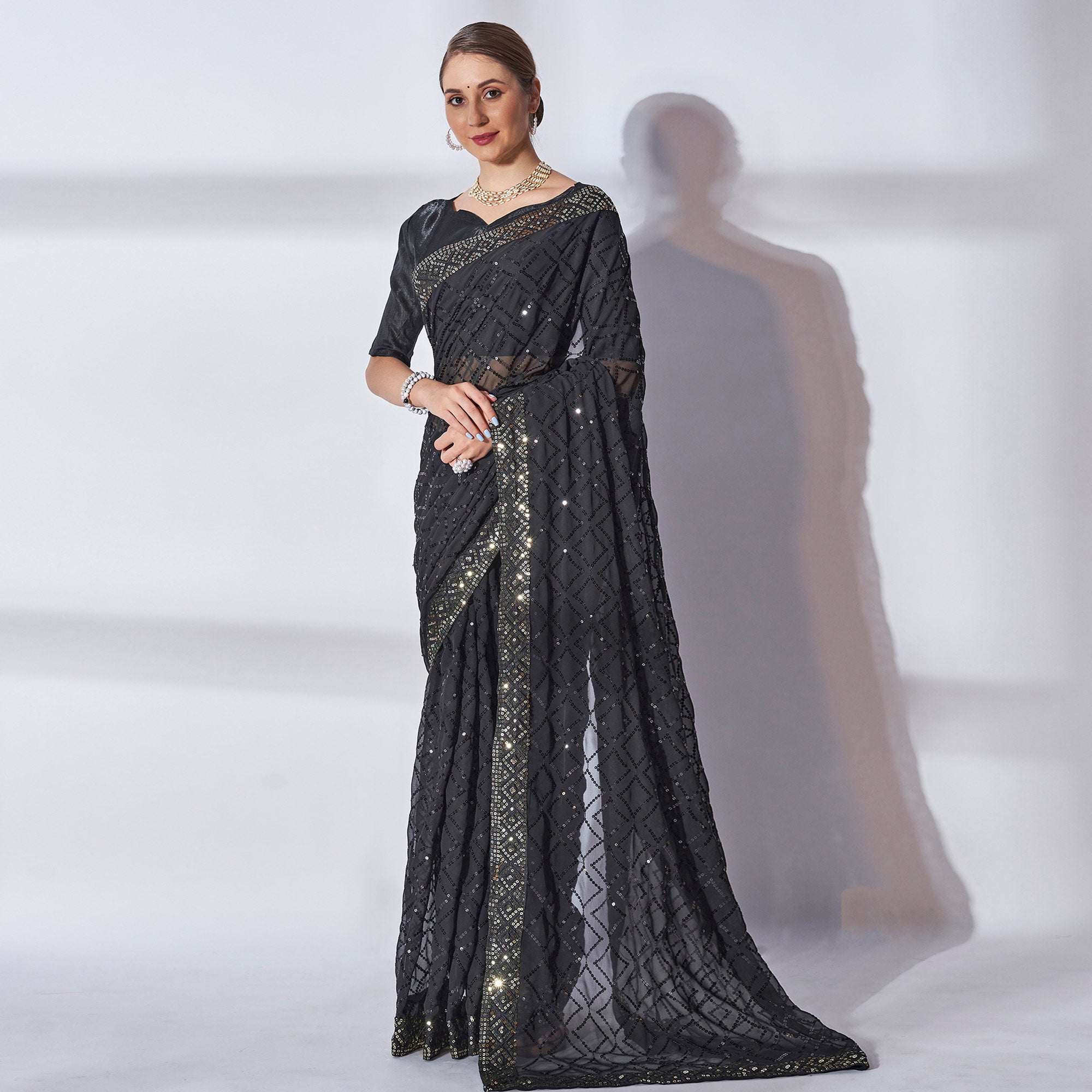 Black Sequins Embroidered Georgette Saree