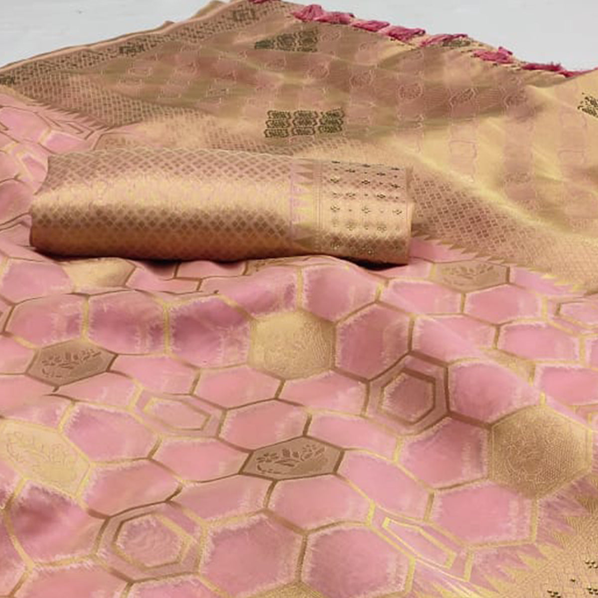 Pink Woven Art Silk Saree With Tassels