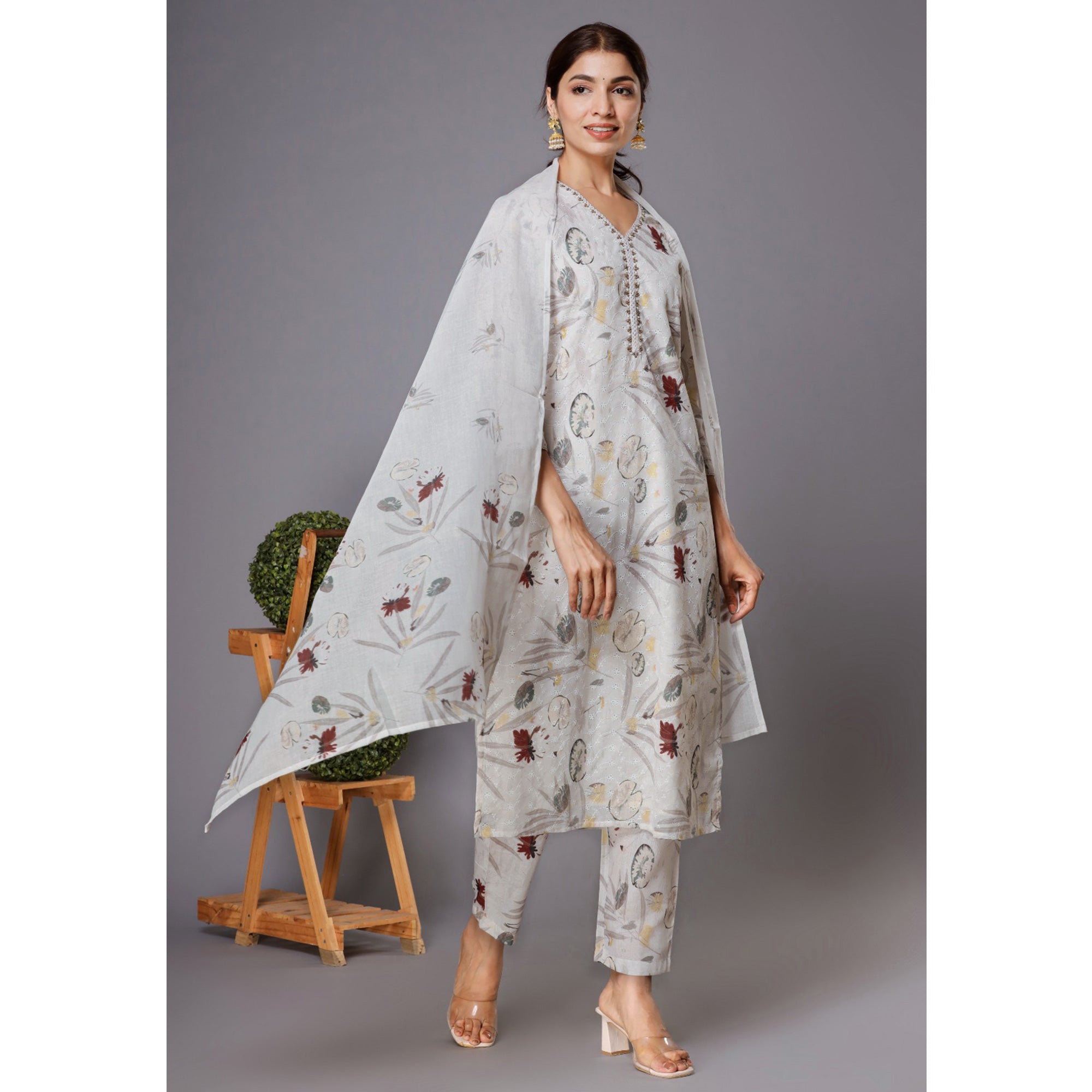 Off White Floral Printed With Embroidered Pure Cotton Suit