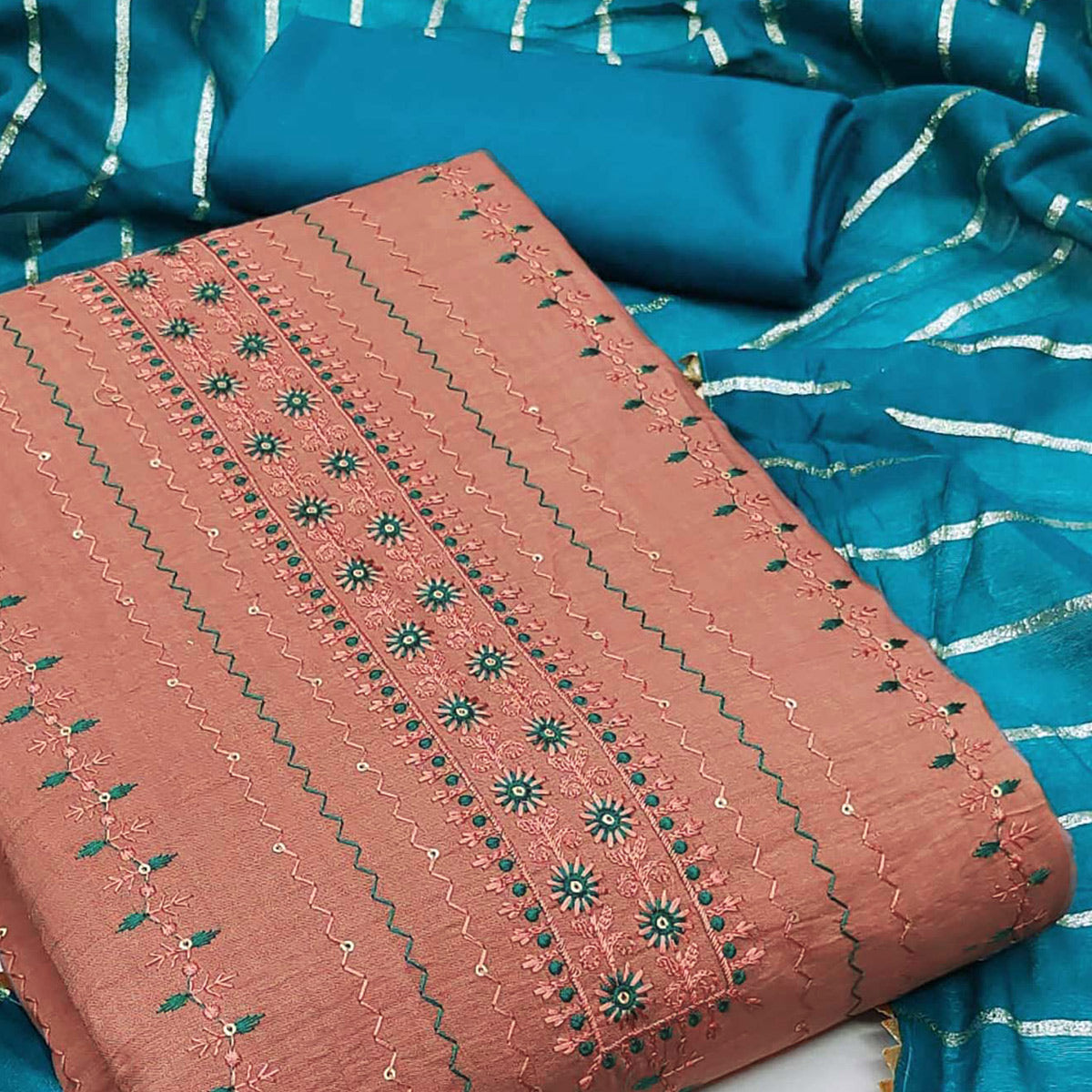 Copper Rust Sequins Embroidered Cotton Blend Dress Material