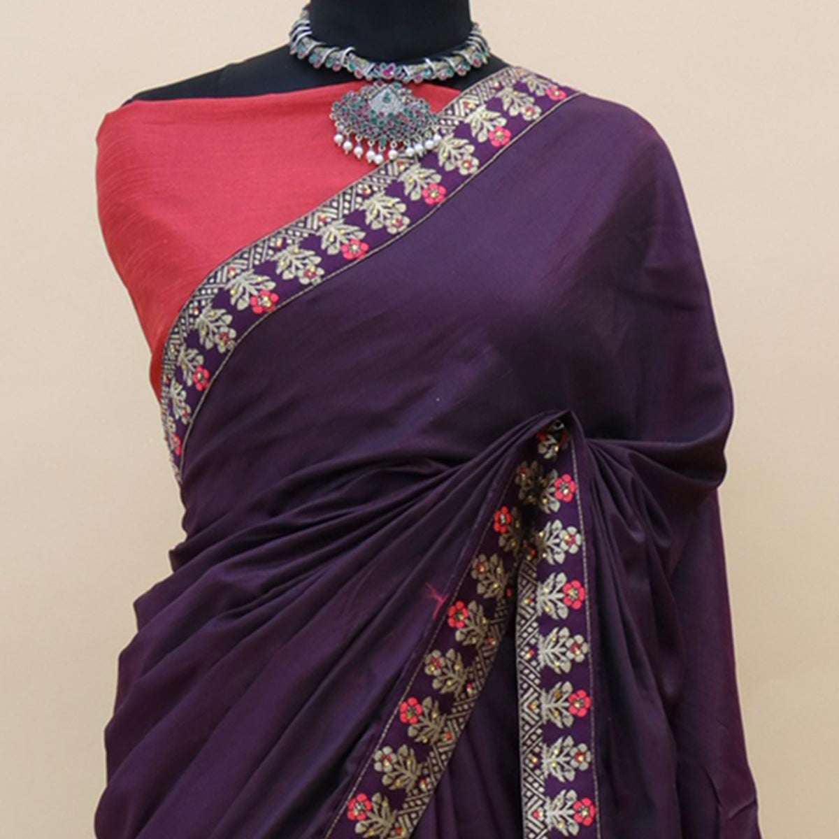 Wine Woven With Stone Work Art Silk Saree