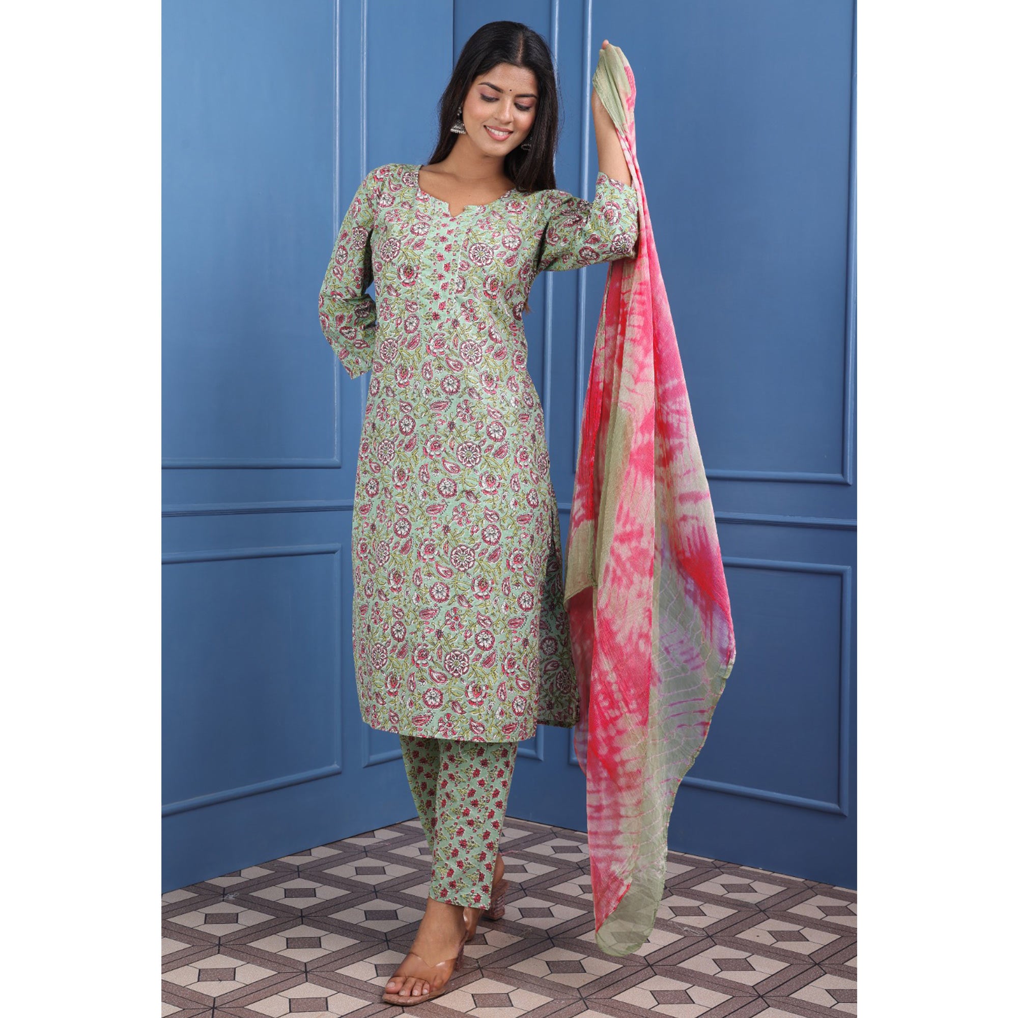 Sea Green Floral Printed Pure Cotton Suit