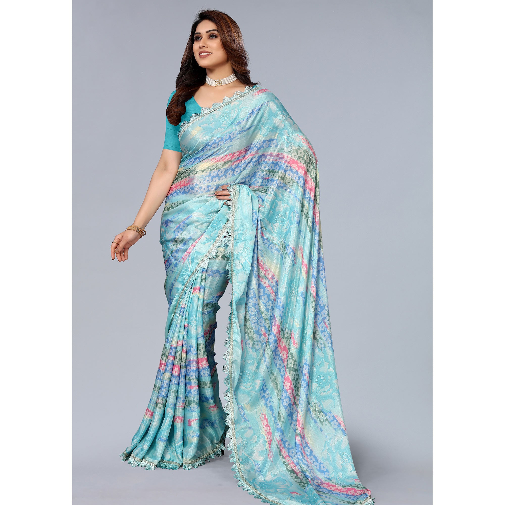 Sky Blue Floral Printed Art Silk Saree With Crochet Border