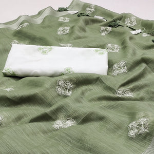 Olive Green Floral Embroidered Raw Silk Saree