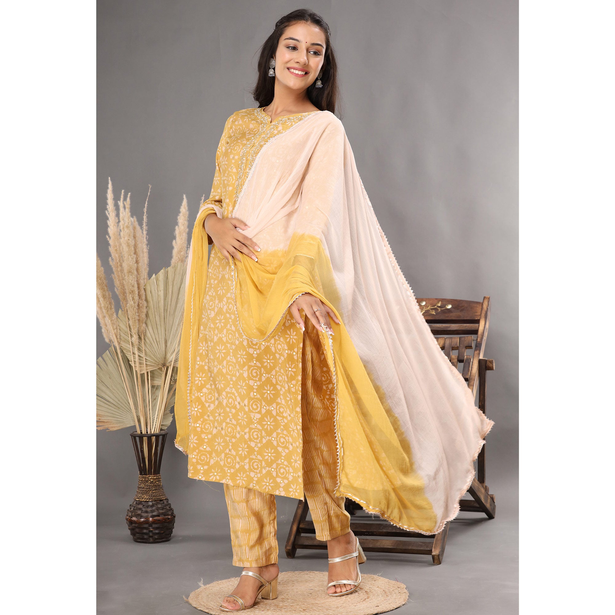 Yellow Printed Muslin Salwar Suit