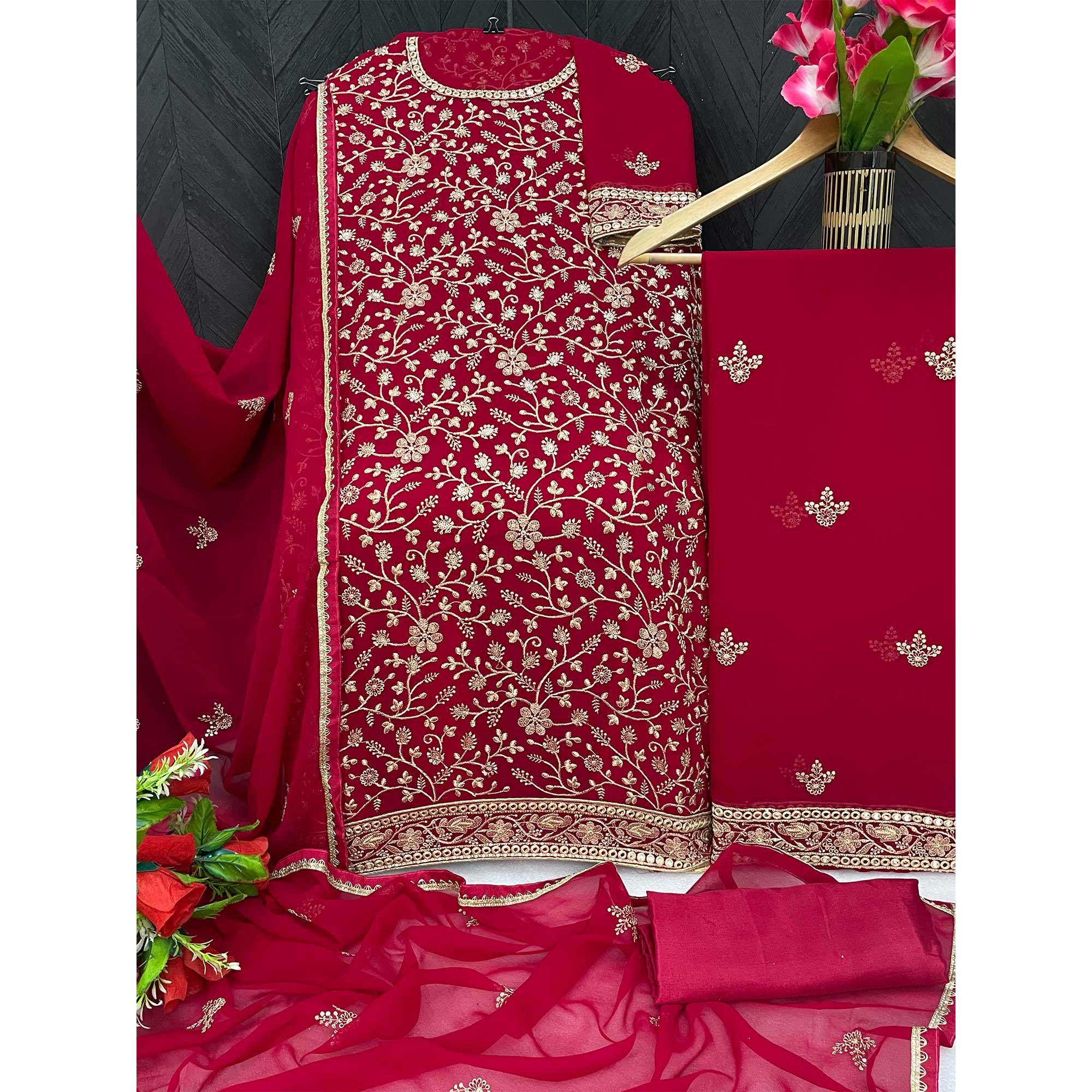 Red Sequins Embroidered Georgette Semi Stitched Sharara Suit