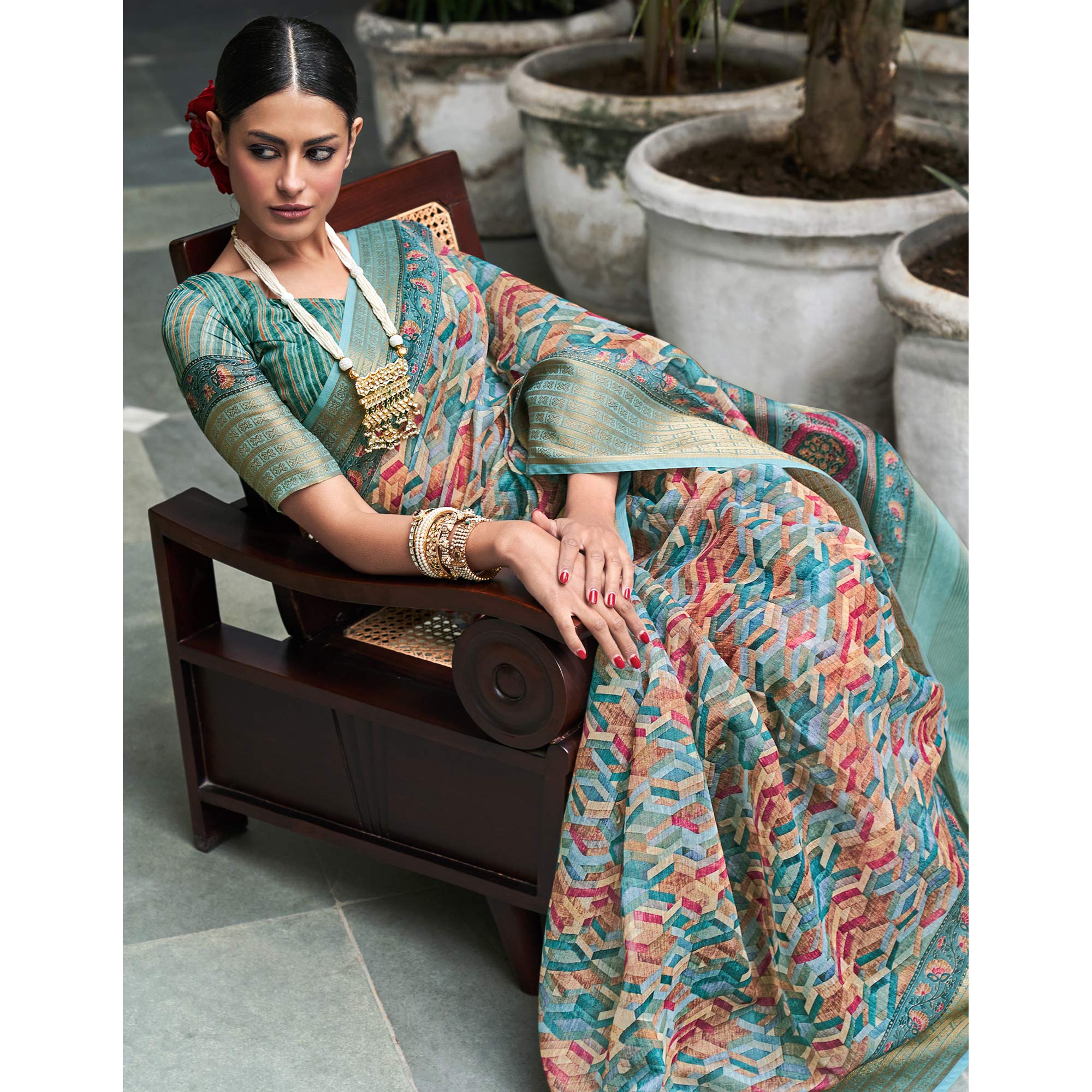 Blue Digital Printed Linen Saree