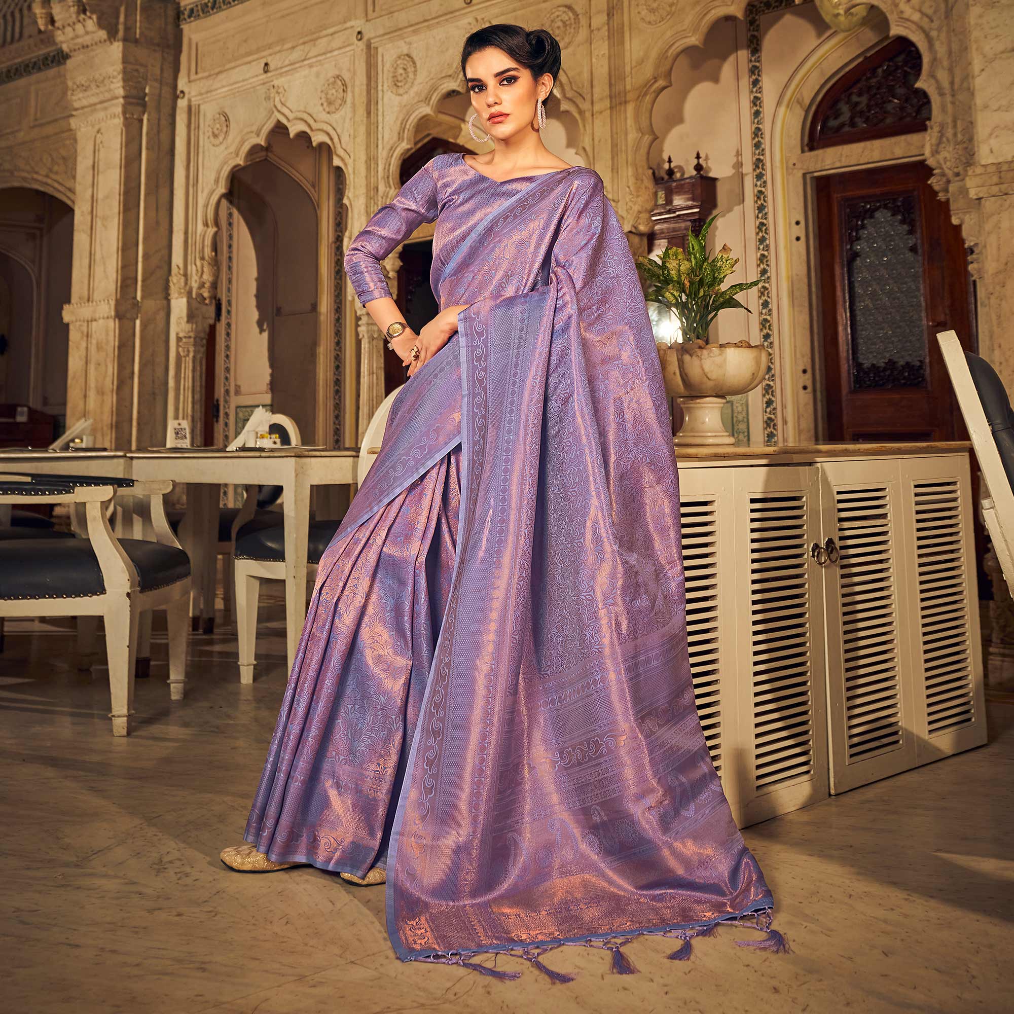 Violet Woven Kanjivaran Satin Saree