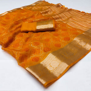 Mustard Bandhani Printed Organza Saree With Tassels