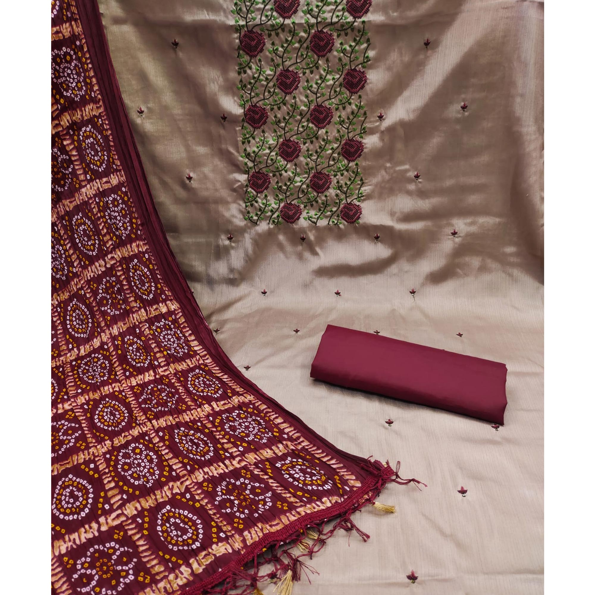 Brown Embroidered Art Silk Dress Material