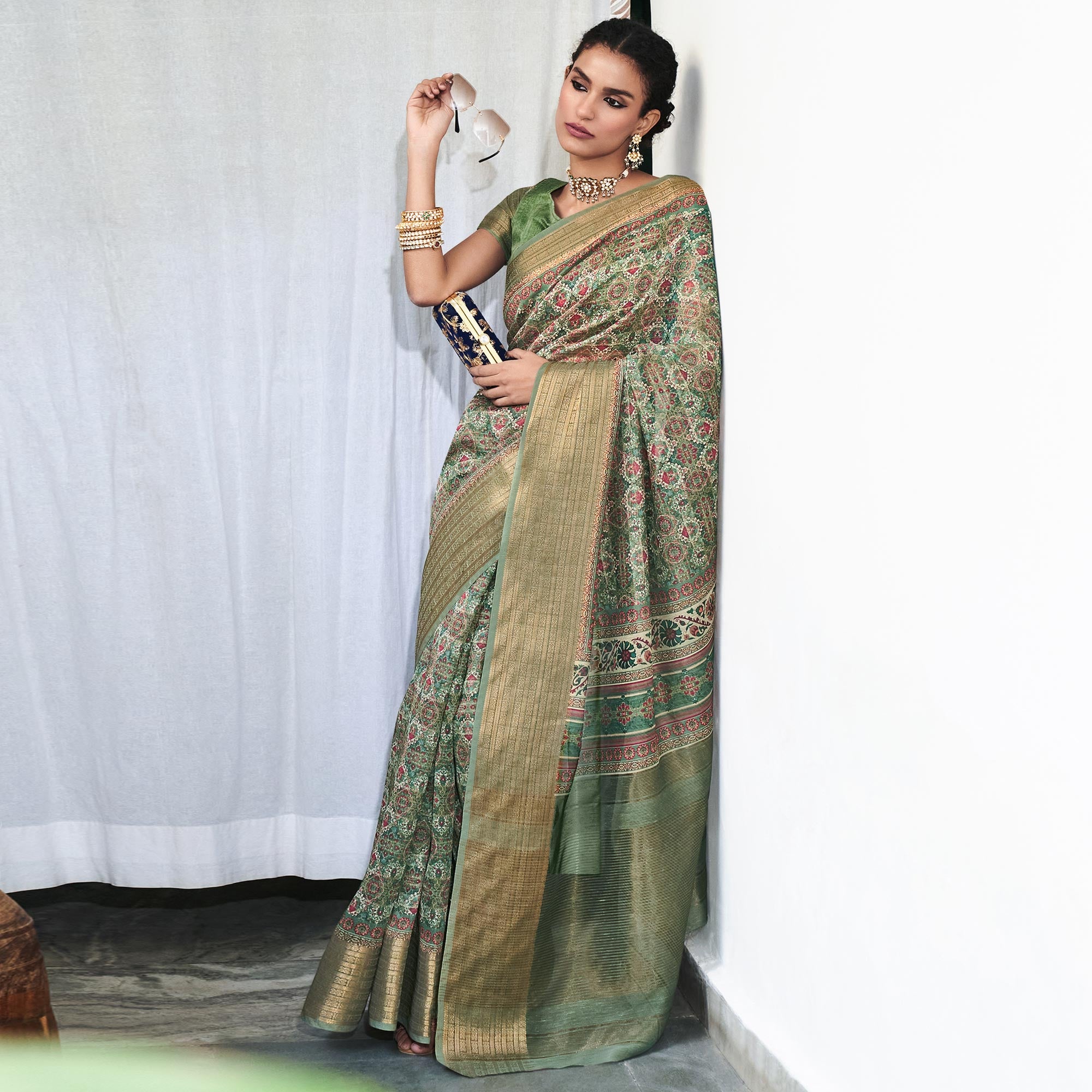 Green Digital Printed Linen Saree