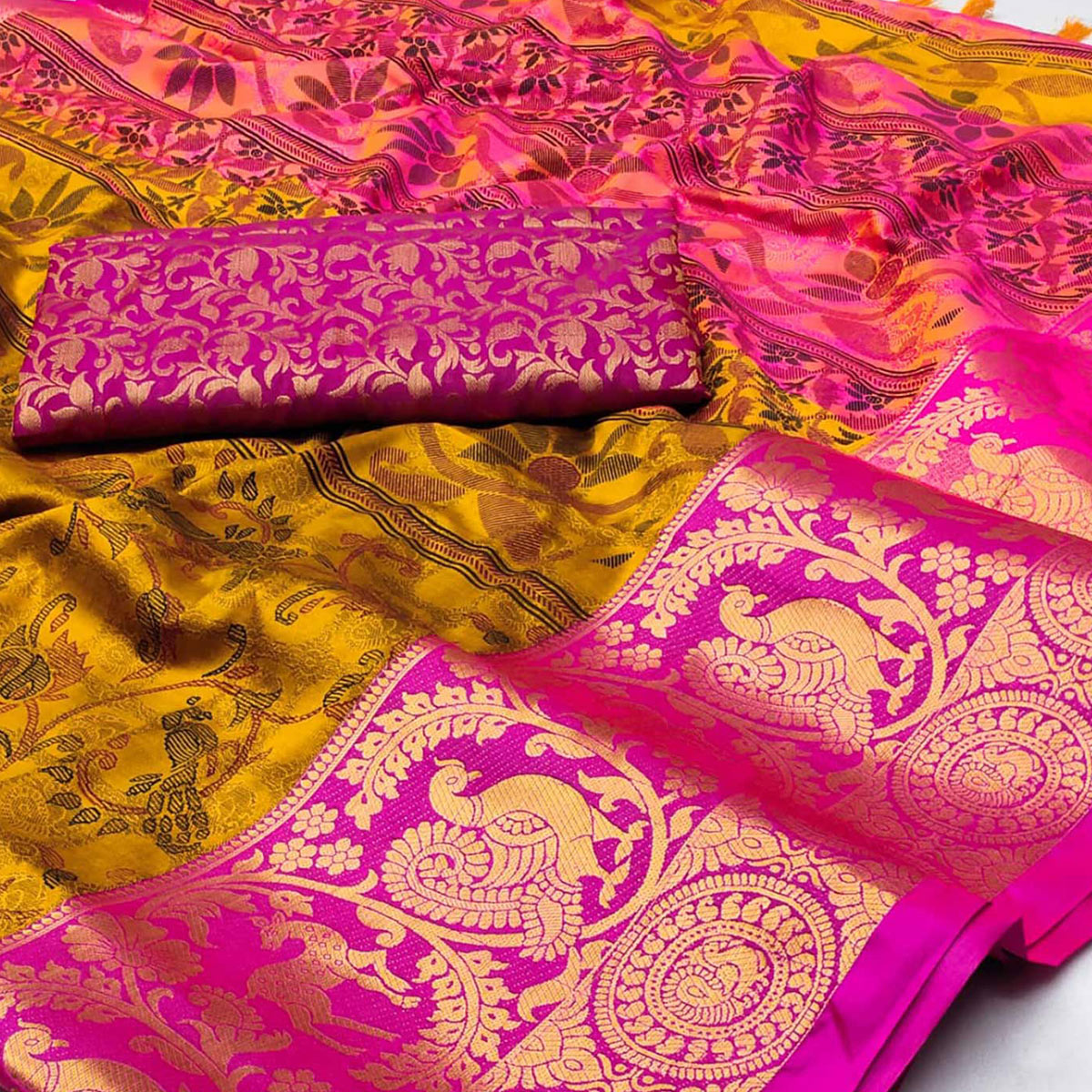 Gold Printed With Woven Border Cotton Silk Saree