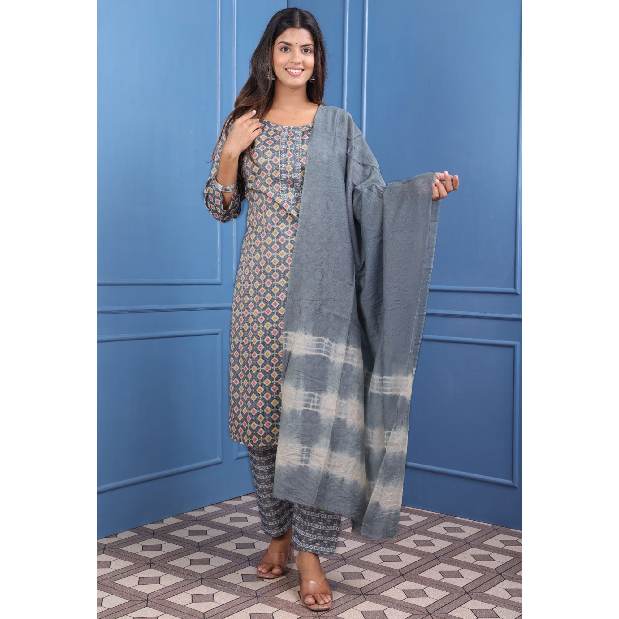 Grey Foil Printed Rayon Suit