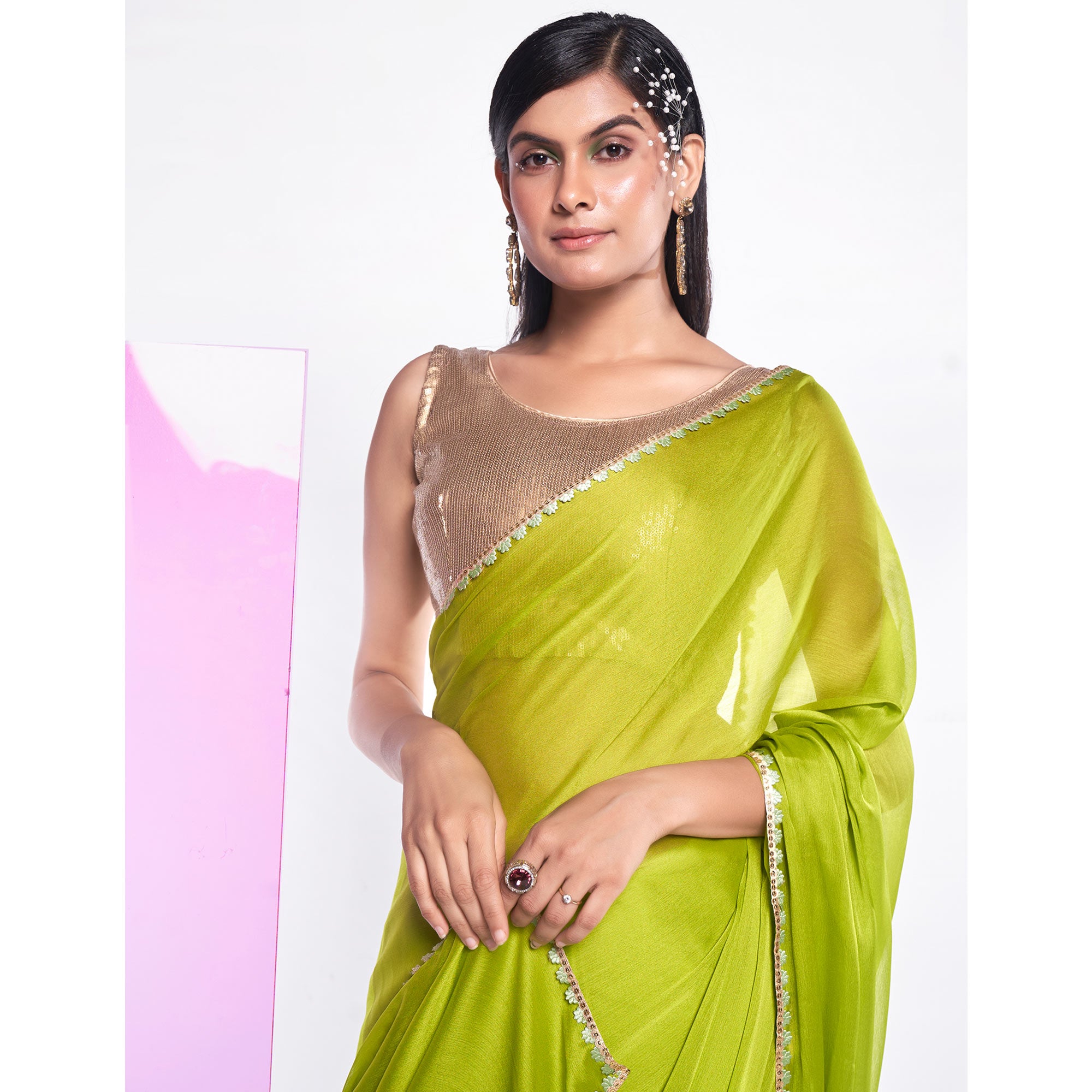 Green Solid With Embroidered Border Georgette Saree