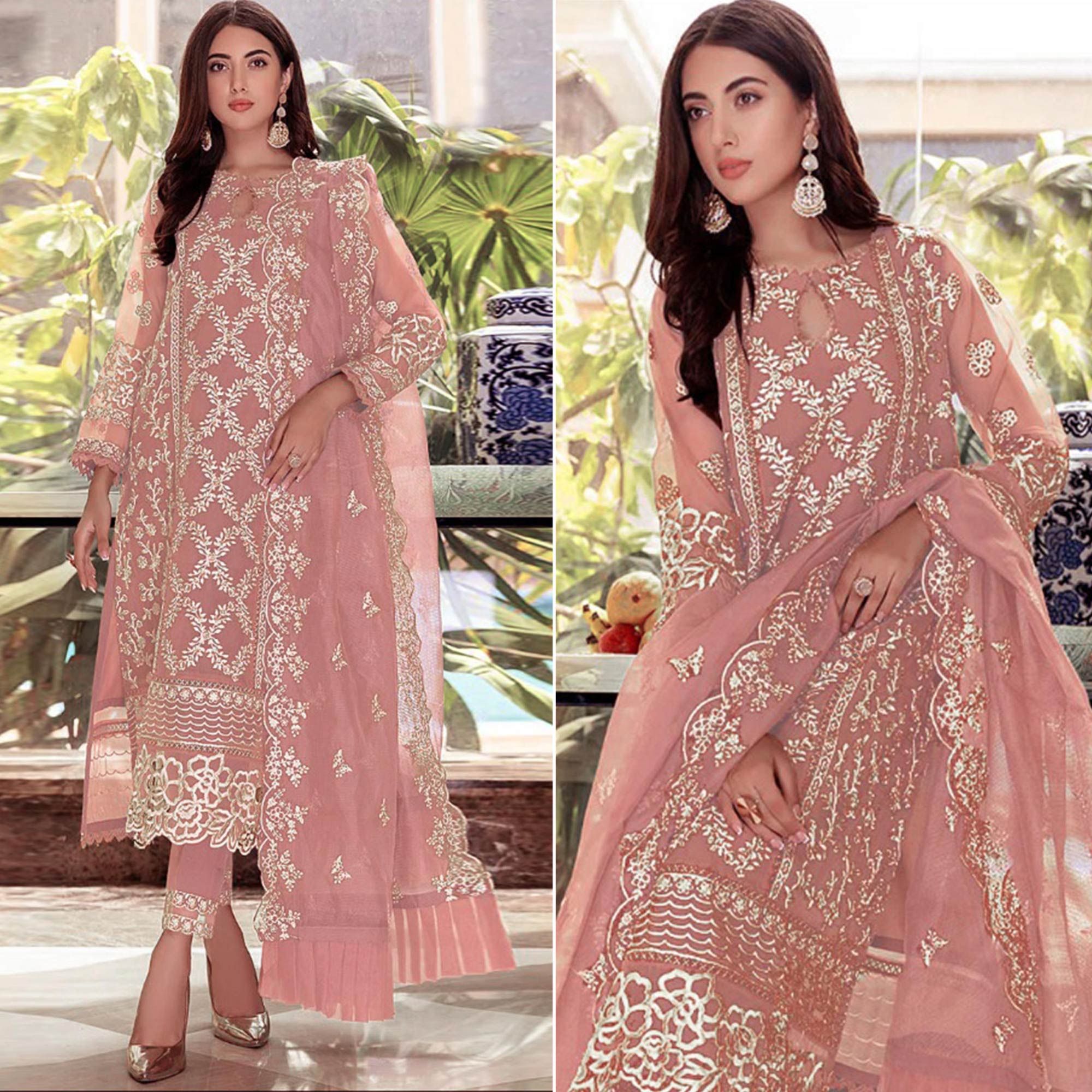 Peach Floral Embroidered Georgette Salwar Suit
