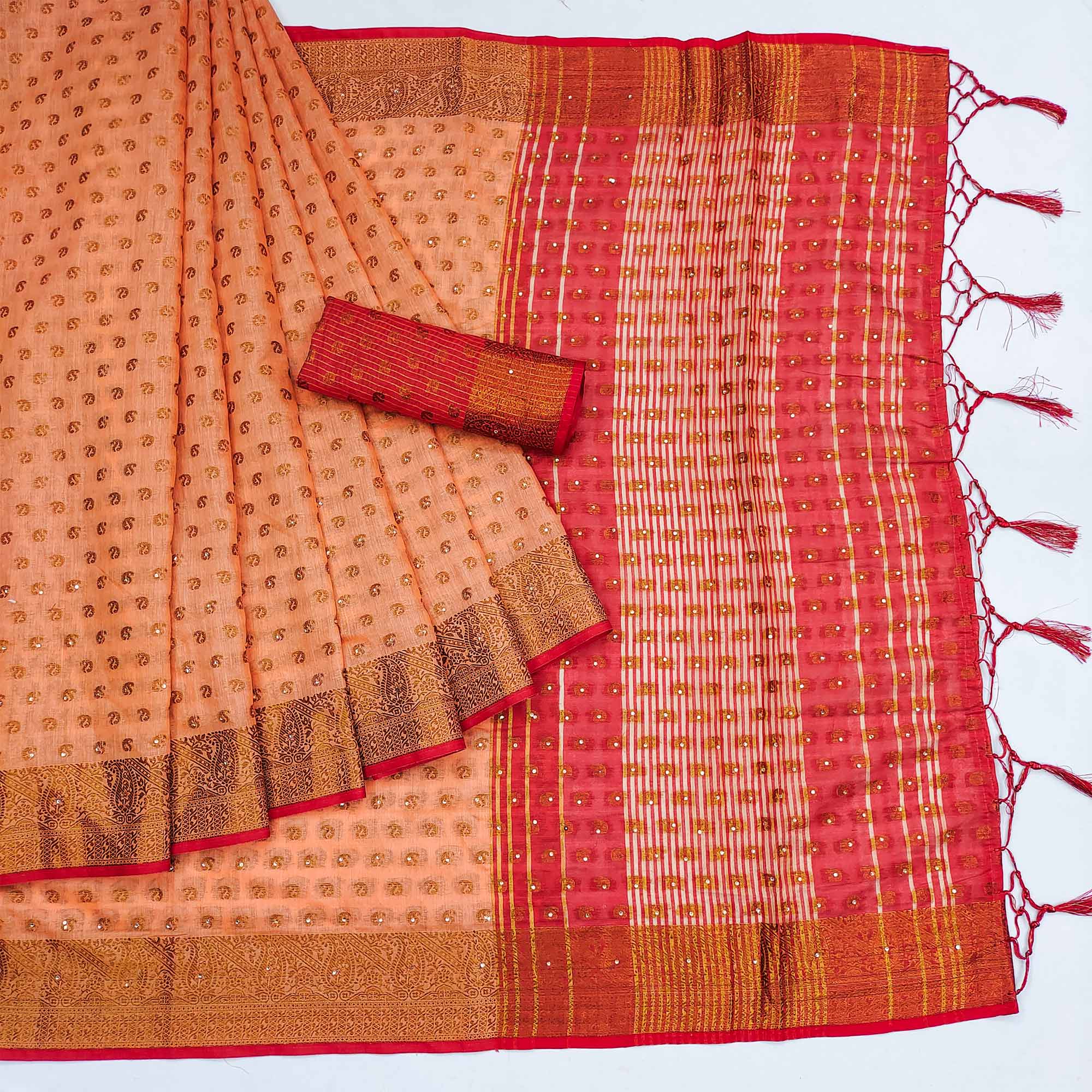 Peach Floral Woven Cotton Silk Saree