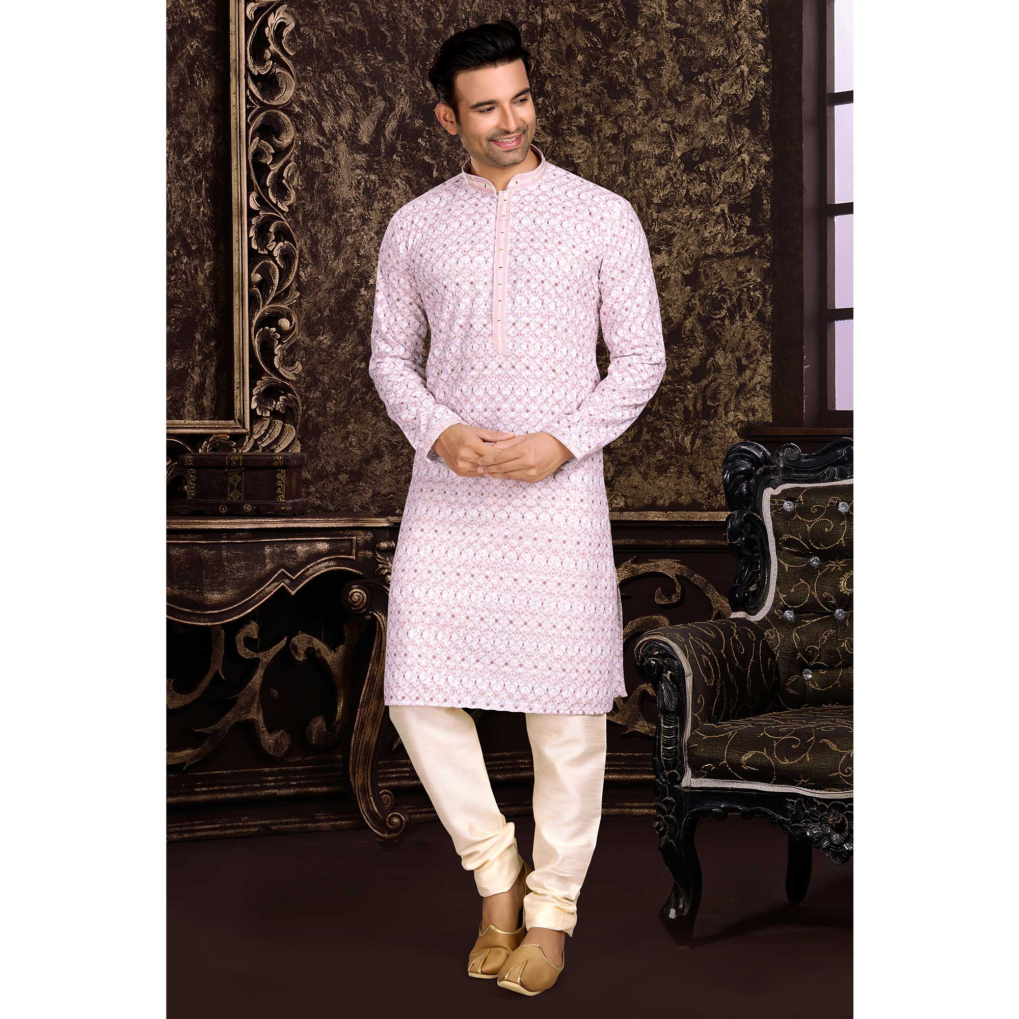 Pink Lucknowi And Digital Printed Cotton Kurta Pyjama Set