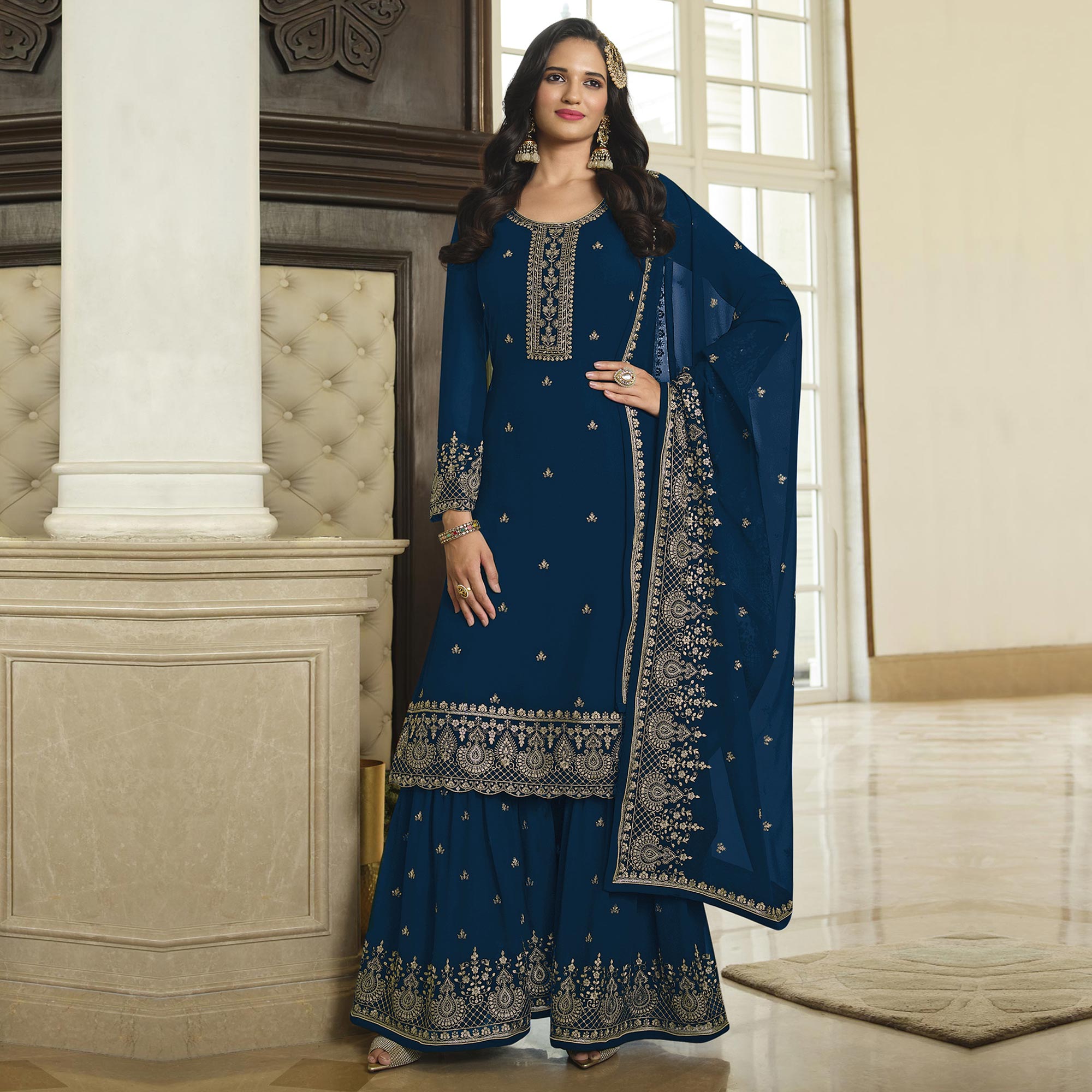 Blue Floral Embroidered Georgette Sharara Suit