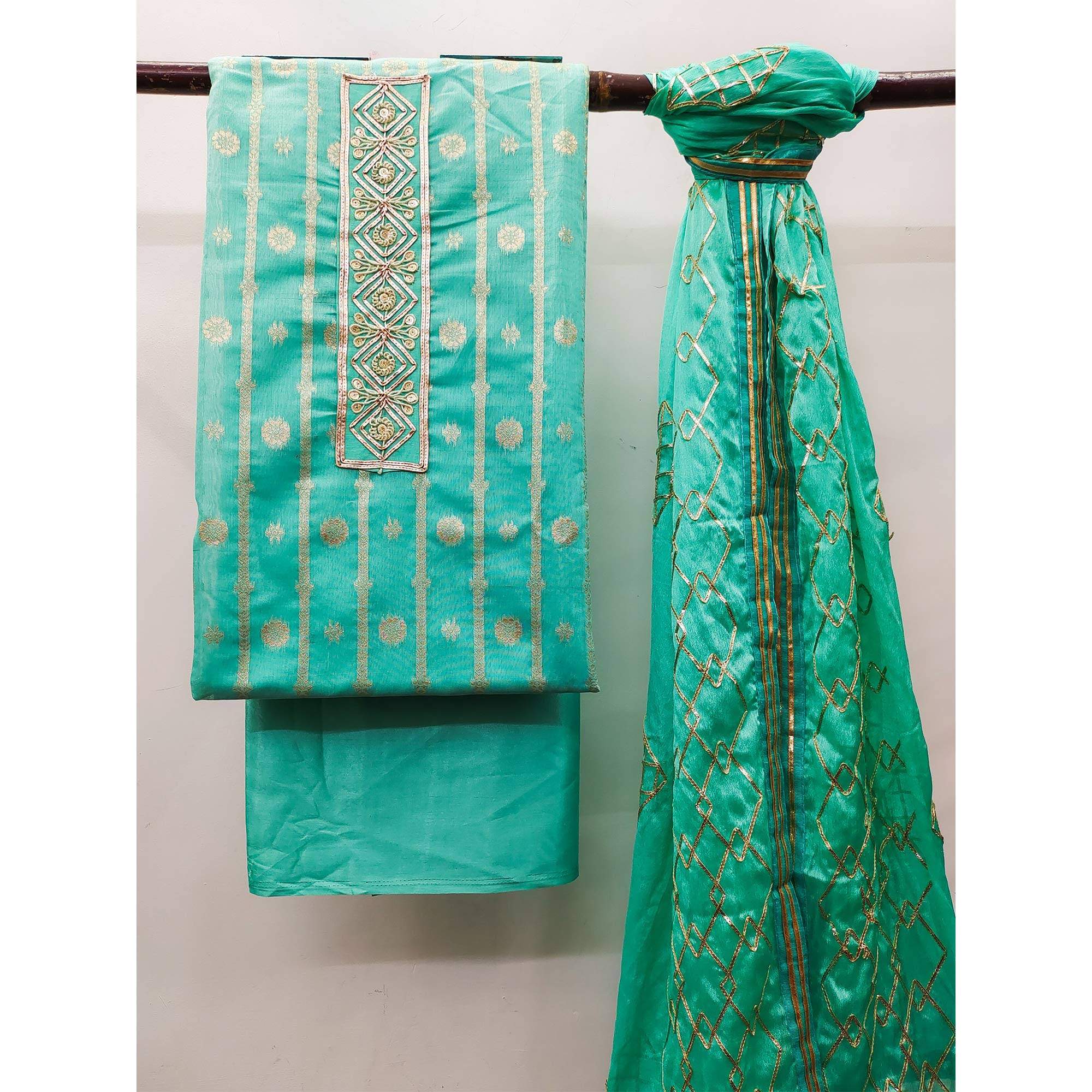 Turquoise Floral Woven Banarasi Silk Dress Material