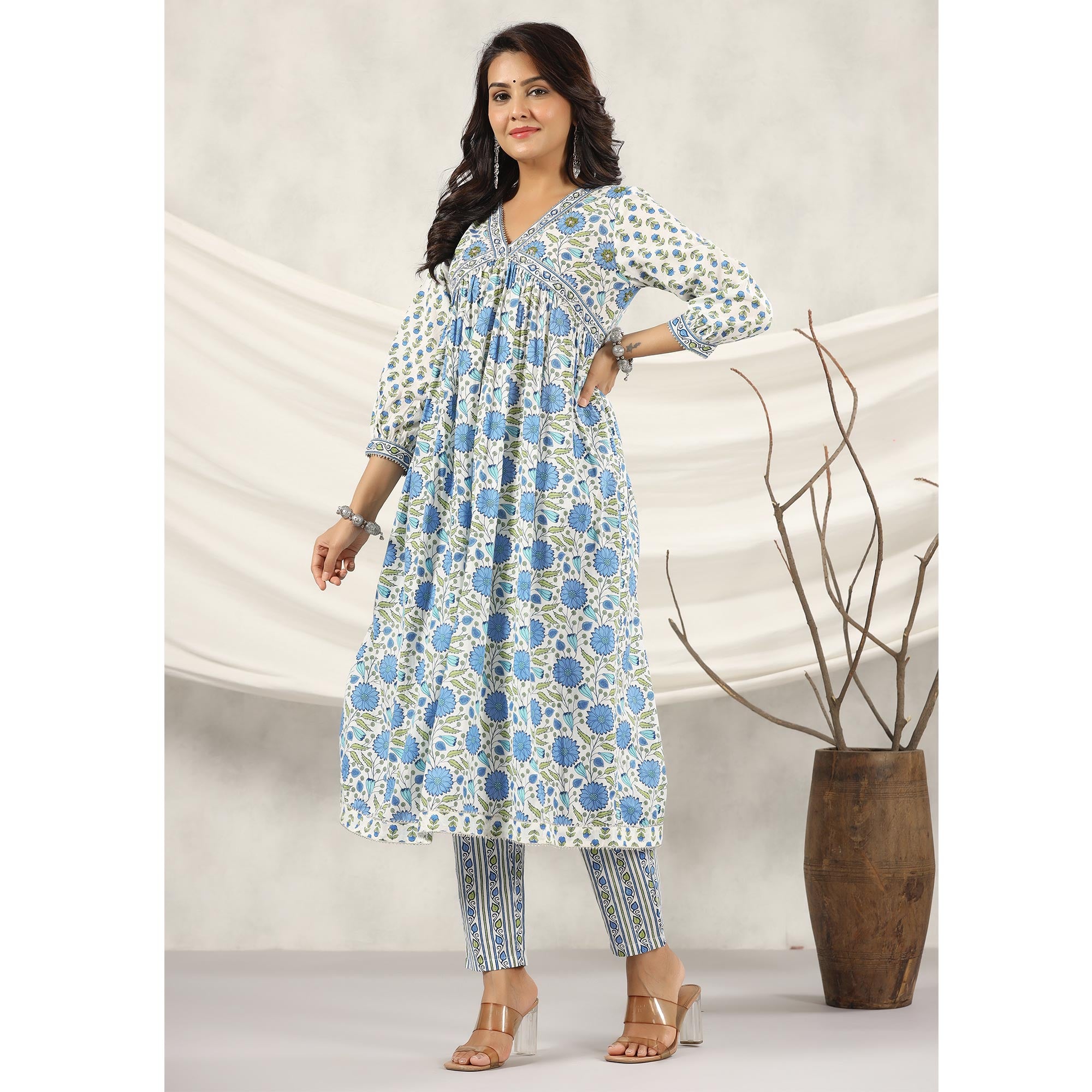 Blue Jaipuri Printed Pure Cotton Anarkali Suit