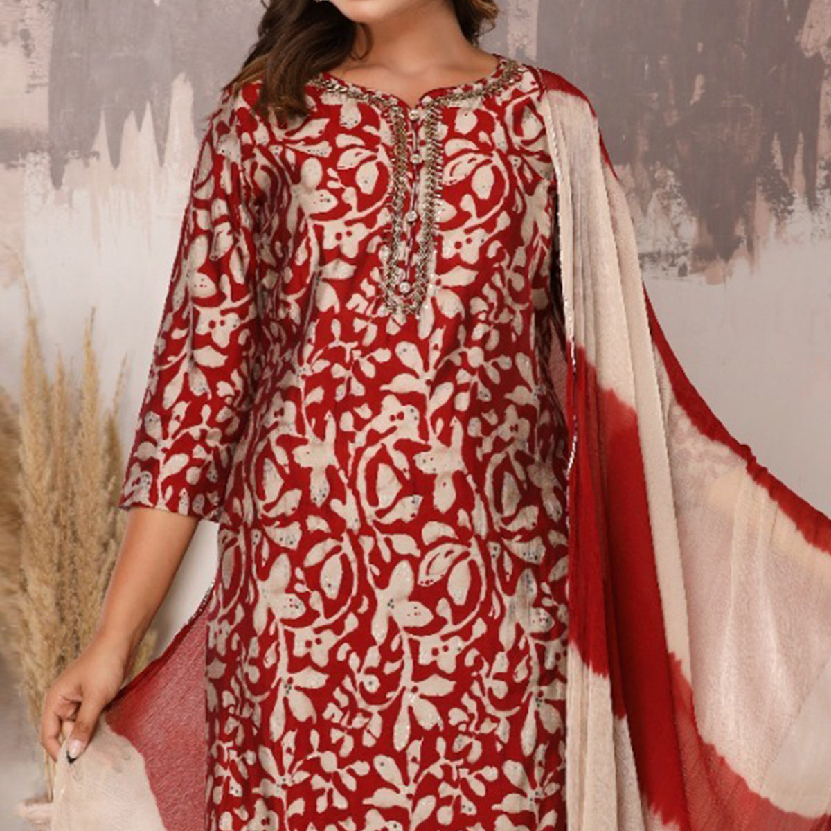 Dark Red Floral Printed Muslin Salwar Suit