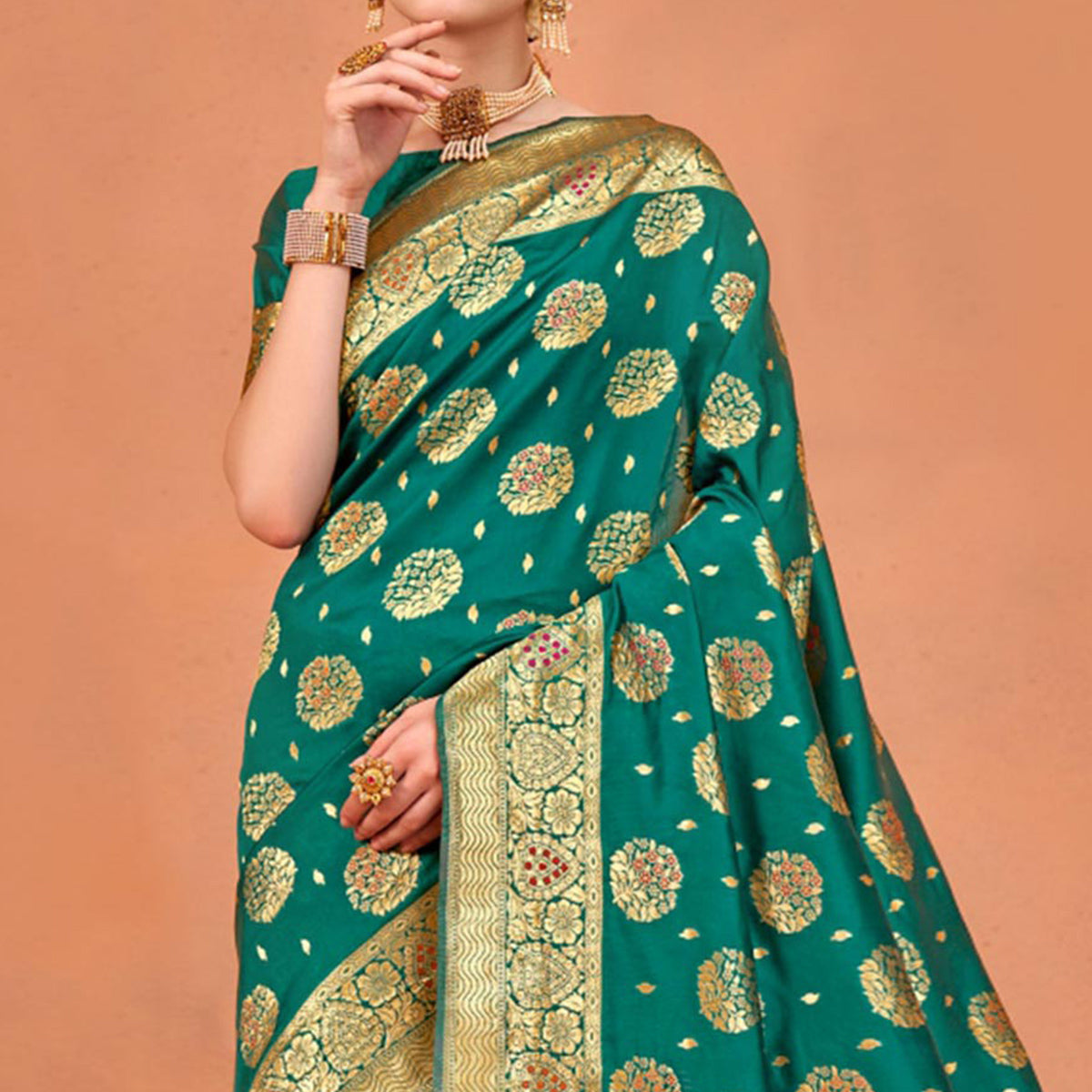 Rama Green Floral Woven Art Silk Saree